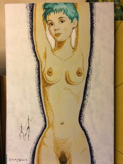 Nude Impressionist Portrait of a Lady With Turquoise Hair, Signed Oil Painting