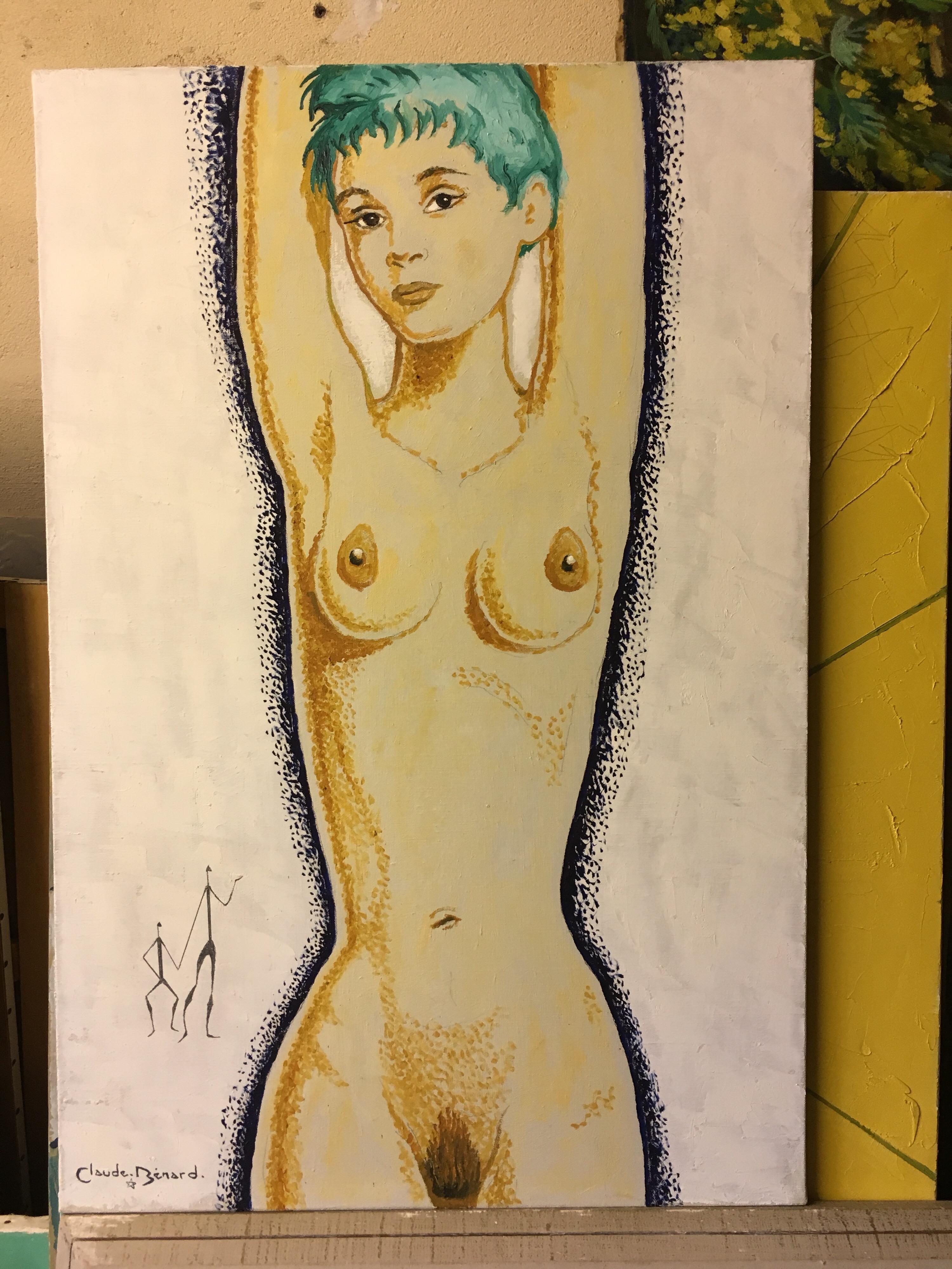 Nude Impressionist Portrait of a Lady With Turquoise Hair, Signed Oil Painting 2