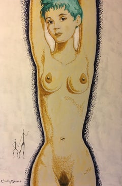 Portrait impressionniste nu d'une femme avec des cheveux turquoise:: peinture à l'huile signée