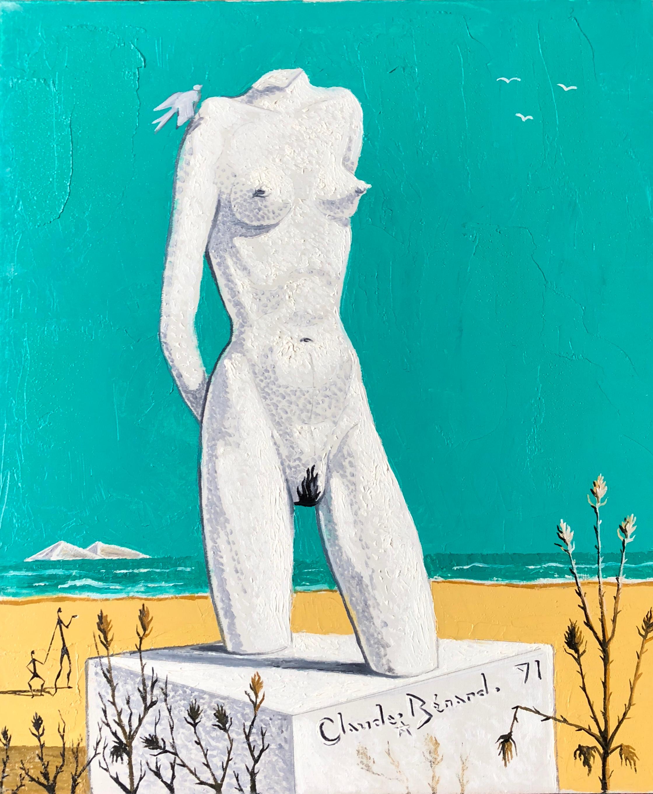 Claude Benard Still-Life Painting - Nudist Statue on Beach, "L'Atlante', Signed Oil Painting