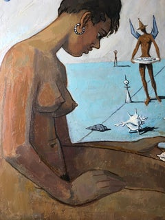 Femme nuiste, peinture à l'huile signée surréaliste