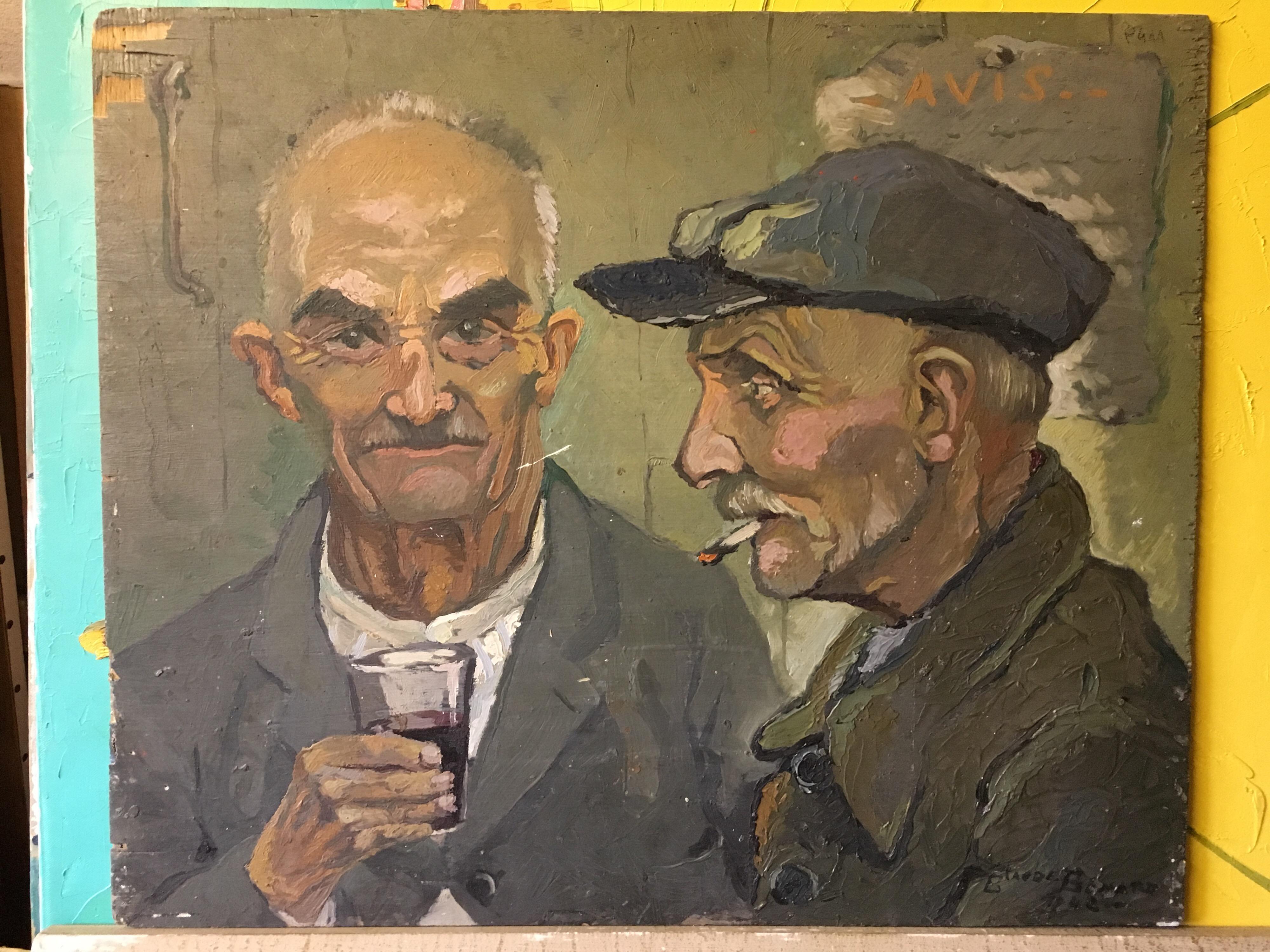Old Workers Enjoying a Drink, Double Sided Impressionist Oil Paintiing - Painting by Claude Benard