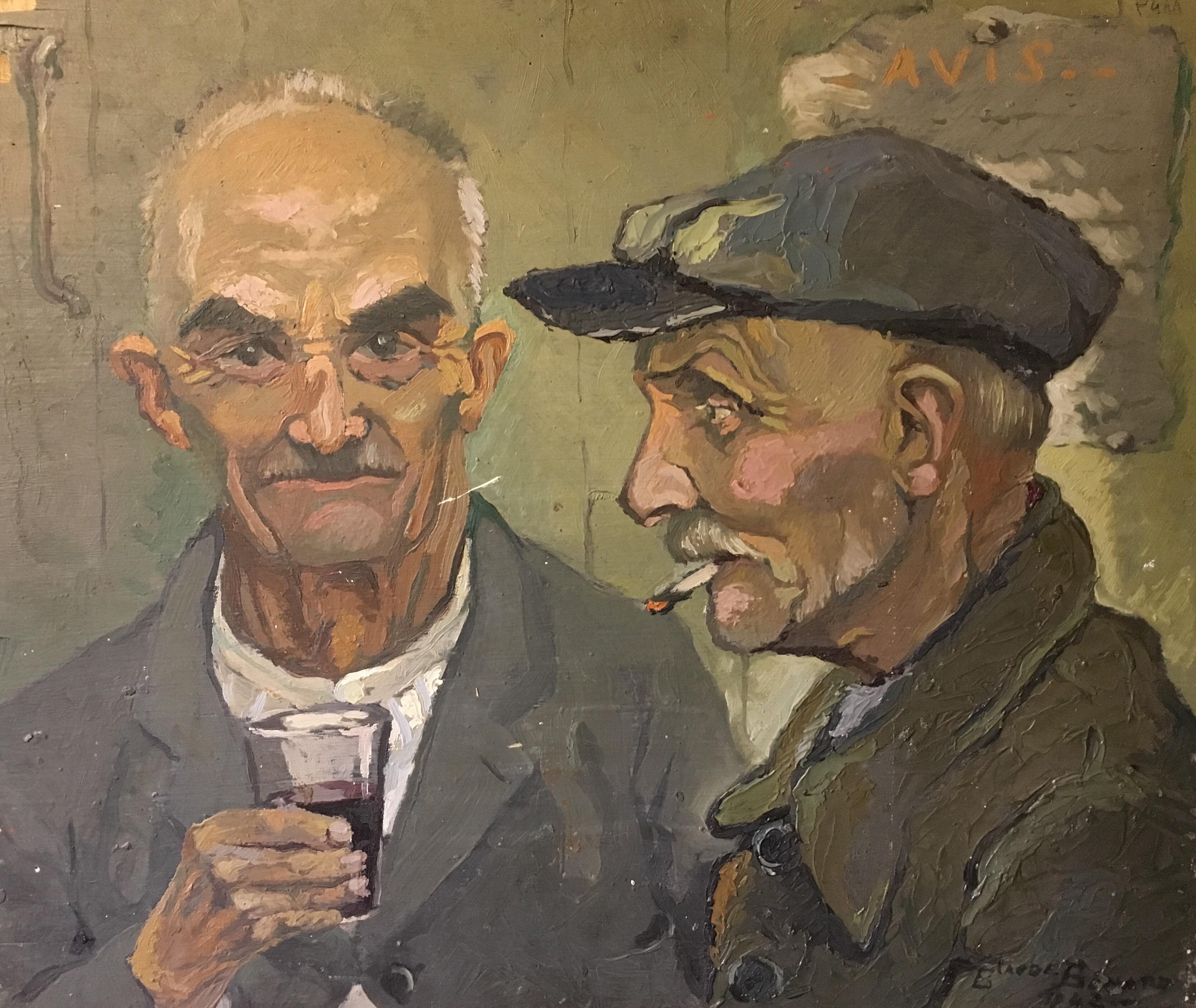 Claude Benard Still-Life Painting - Old Workers Enjoying a Drink, Double Sided Impressionist Oil Paintiing