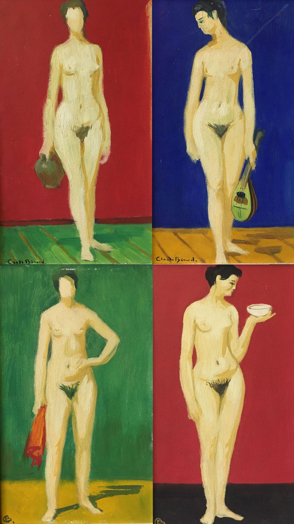 Claude Benard Nude Painting - Set of Four Impressionist Nude Portraits, Separate Oil Paintings, All Signed