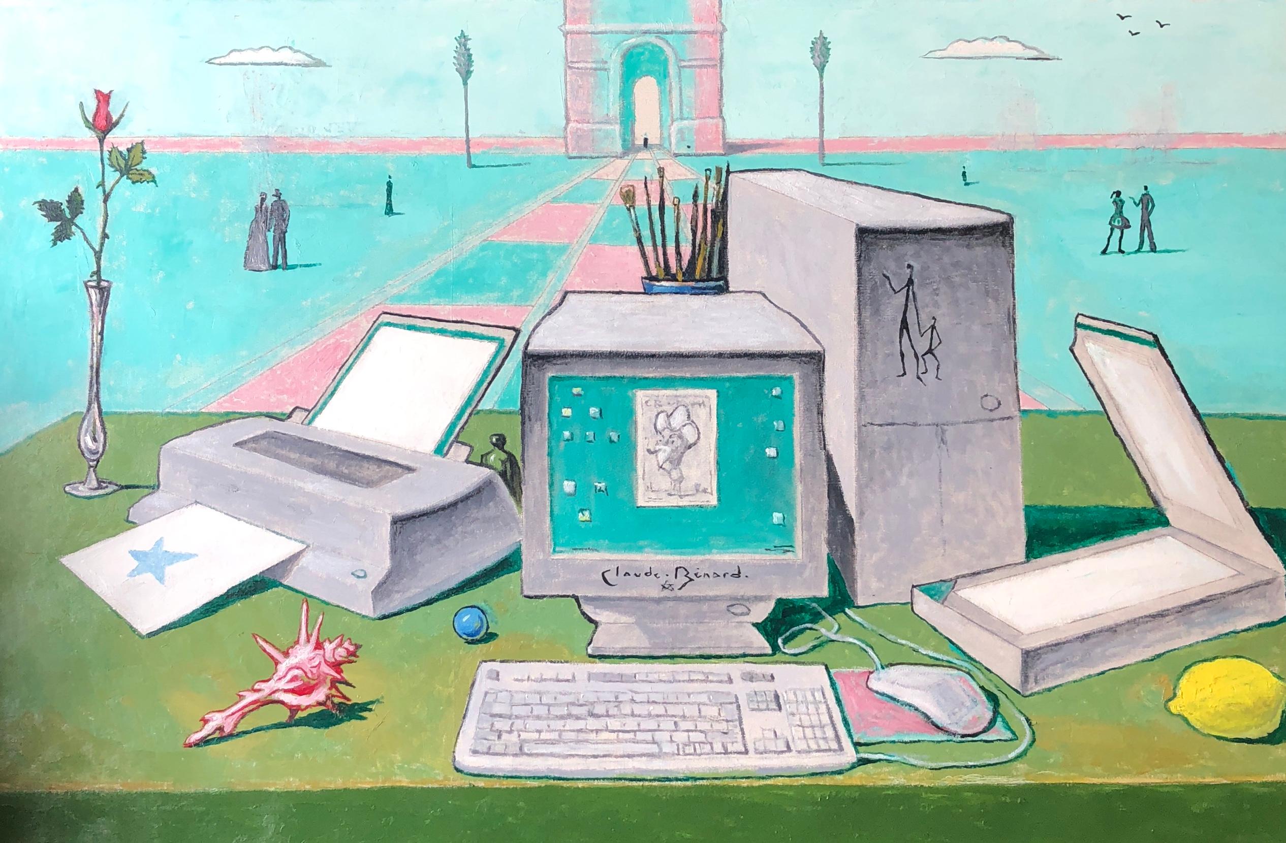 Claude Benard Landscape Painting - Surrealist Computer, Still Life Signed Oil Painting