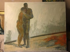 The Embrace, Very Large Impressionist Nude Portrait, Signed Oil Painting