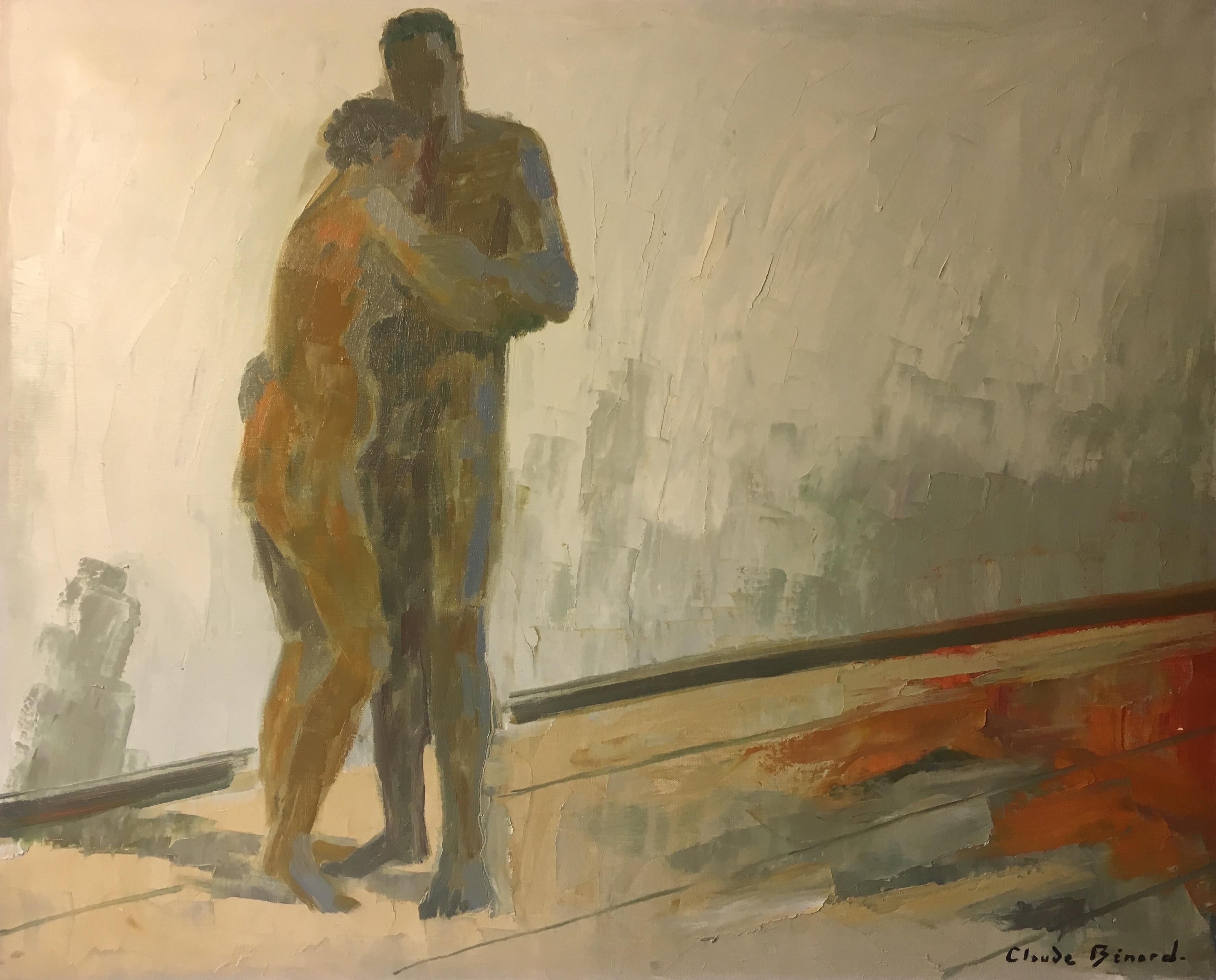 Claude Benard Nude Painting - The Embrace, Very Large Impressionist Nude Portrait, Signed Oil Painting