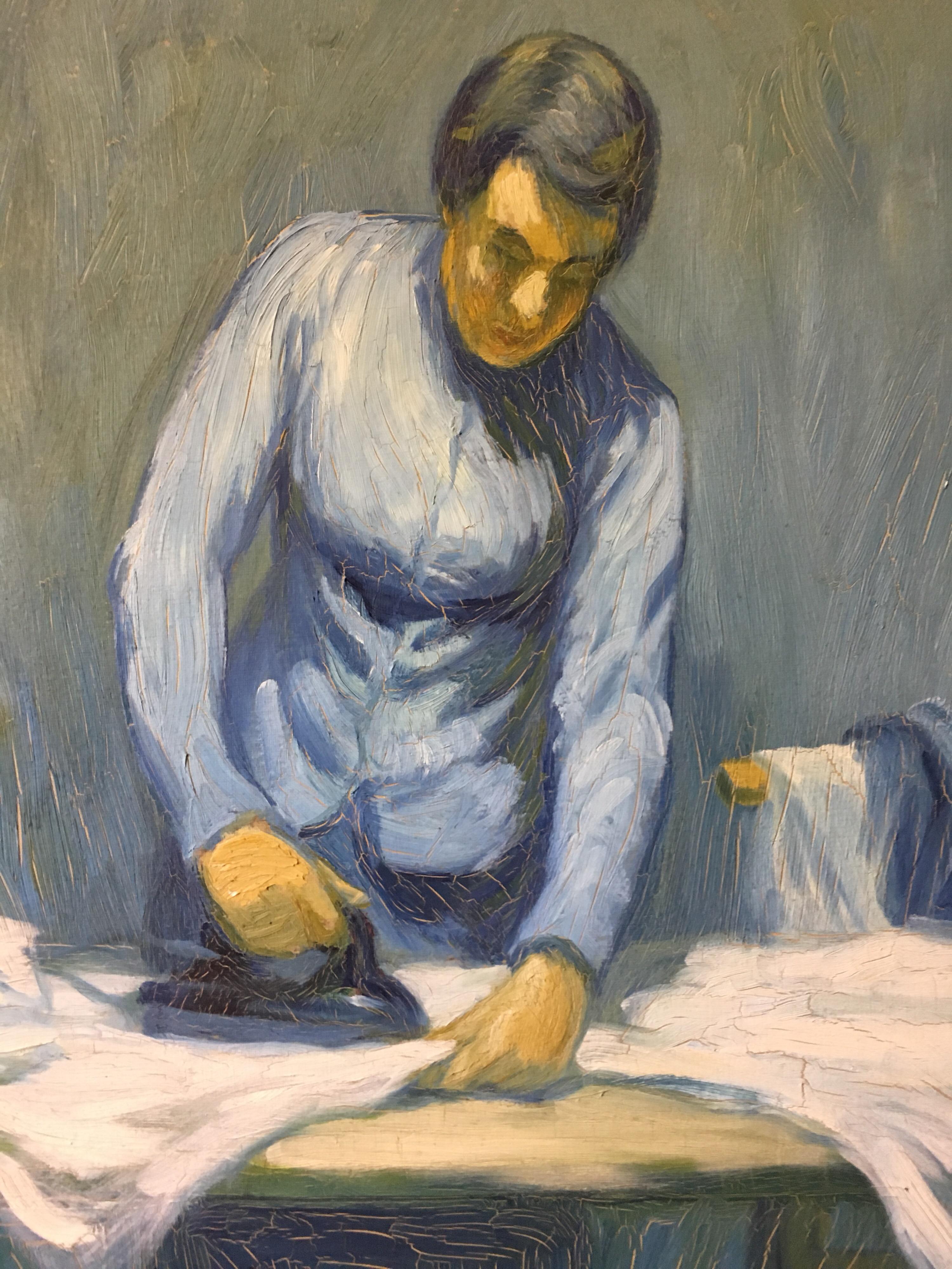 The Housewife in Blue, Impressionist Signed Oil Painting - Gray Portrait Painting by Claude Benard