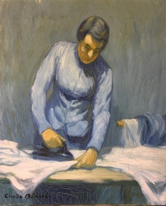 The Housewife in Blue, peinture à l'huile impressionniste signée