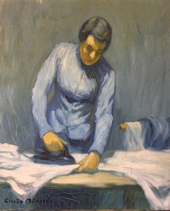 La casalinga in blu, dipinto a olio firmato da un impressionista
