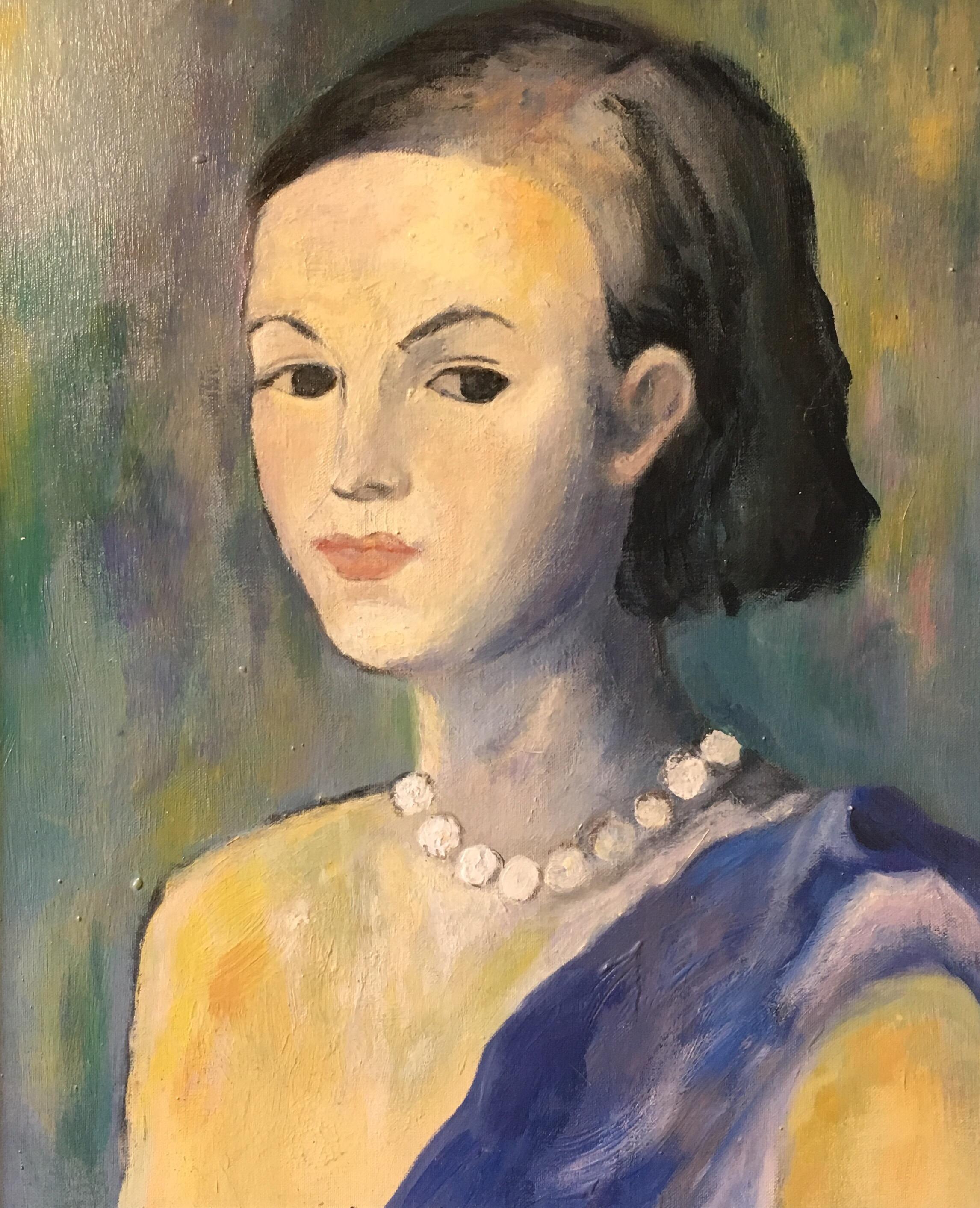 woman in blue painting