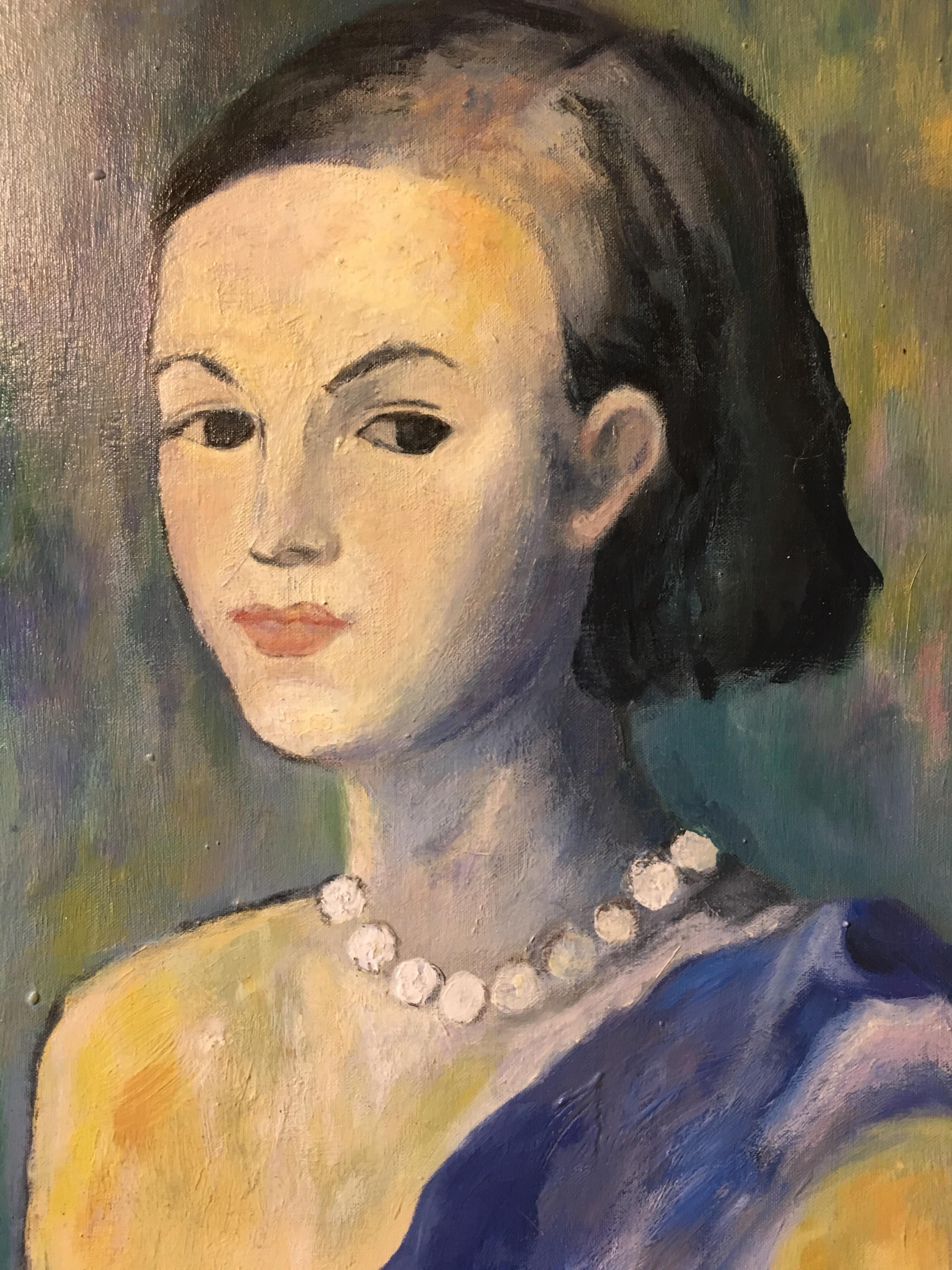 Claude Benard Portrait Painting - The Lady in Blue, Impressionist Portrait Oil Painting