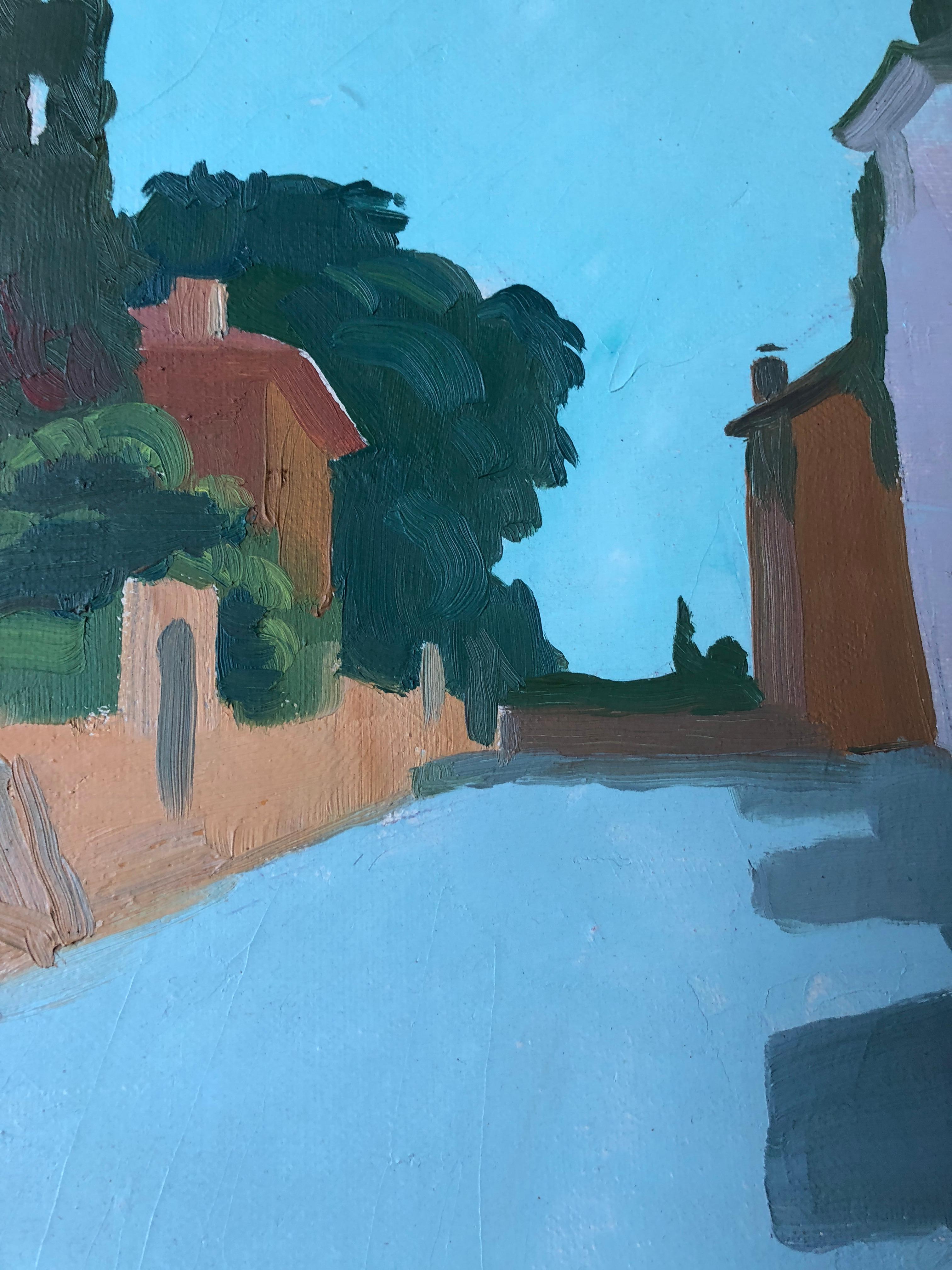 Village Road, Modernist Landscape, Signed Oil Painting - Blue Still-Life Painting by Claude Benard