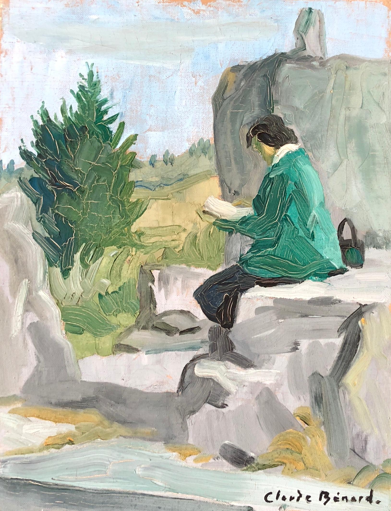 Claude Benard Still-Life Painting - Woman reading a book, Signed Oil Painting