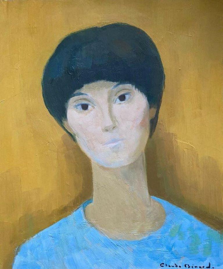 Claude Benard Figurative Painting – Gelbes Hintergrundporträt einer modischen Dame aus den 1960er Jahren in Blau