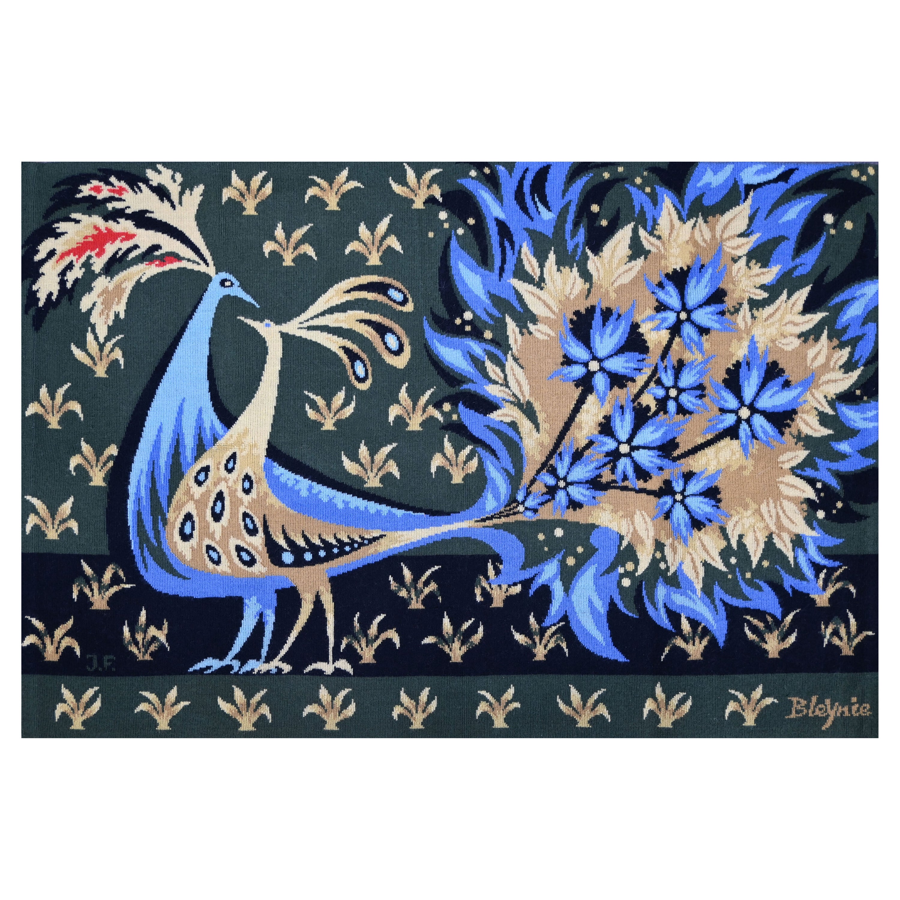 Claude BLEYNIE, Couple of Peacocks - French polychrome signed tapestry, 1444 For Sale