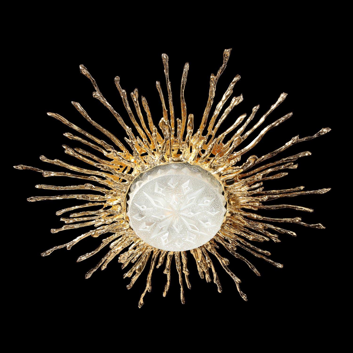 This stunning and dramatic flush mount was hand crafted by the esteemed artist Claude Boeltz in France. It features an expressionistic sunburst pattern realized in two rows of exploded bronze plated in pure 24-karat yellow gold, the tendrils