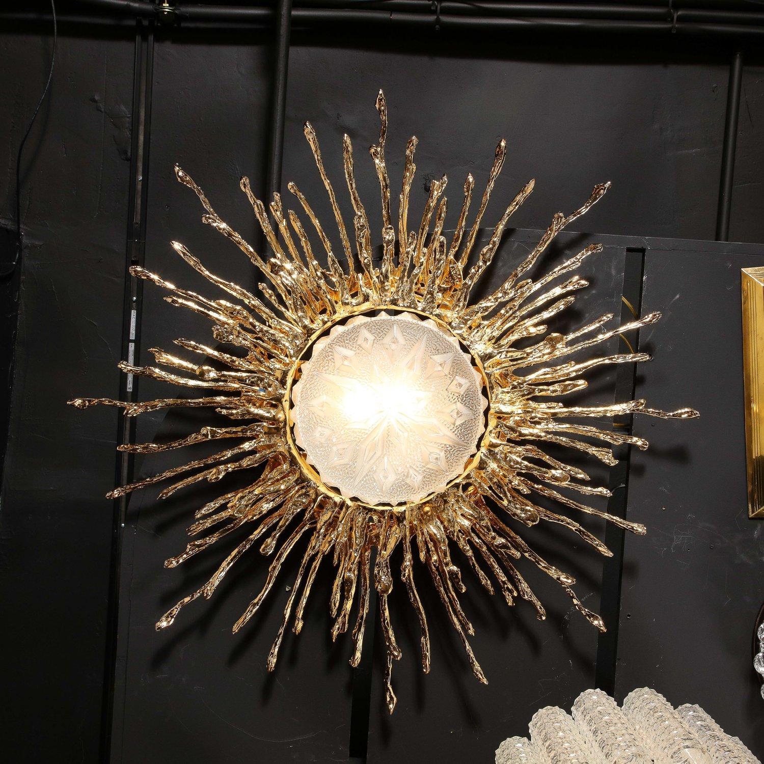 Claude Boeltz Exploded Bronze & 24-Karat Gold Sunburst Flush Mount Chandelier In Excellent Condition For Sale In New York, NY
