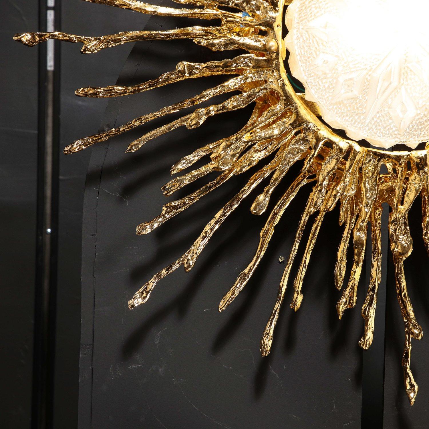 20th Century Claude Boeltz Exploded Bronze & 24-Karat Gold Sunburst Flush Mount Chandelier For Sale