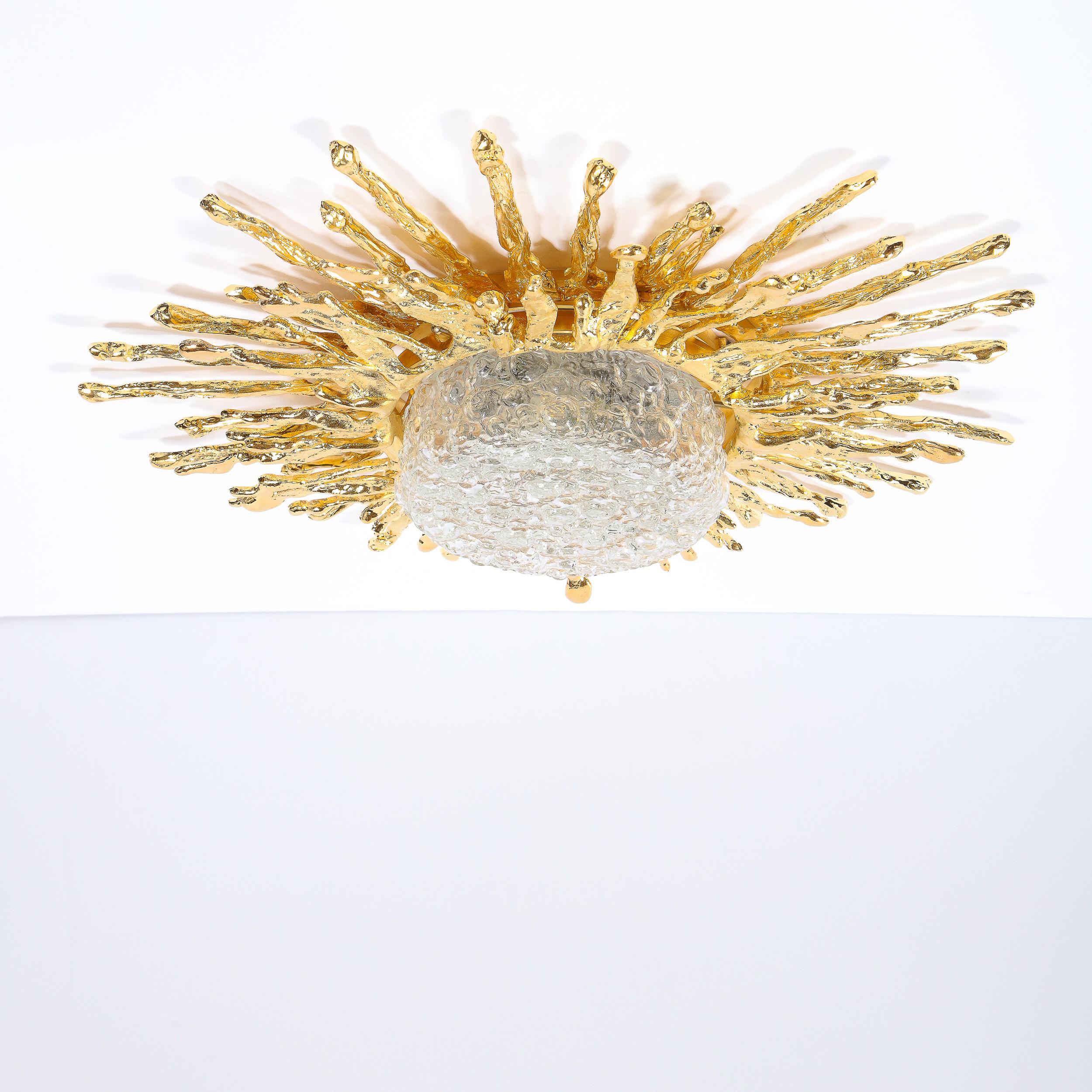 Glass Claude Boeltz Exploded Bronze and 24-Karat Gold Sunburst Flush Mount Chandelier