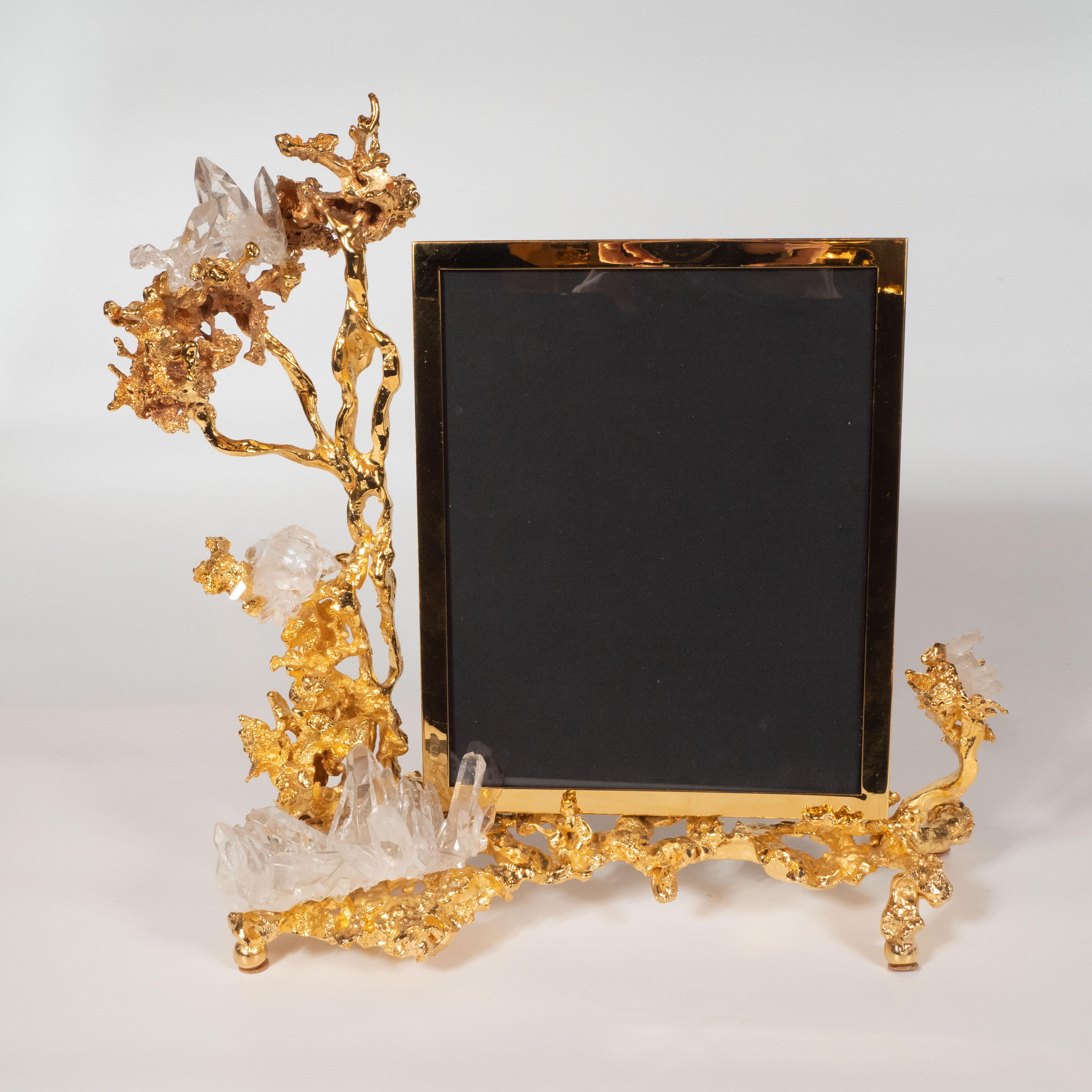 Claude Boeltz Exploded Bronze Picture Frame w/ 24kt Gold & Rock Crystal Details For Sale 1