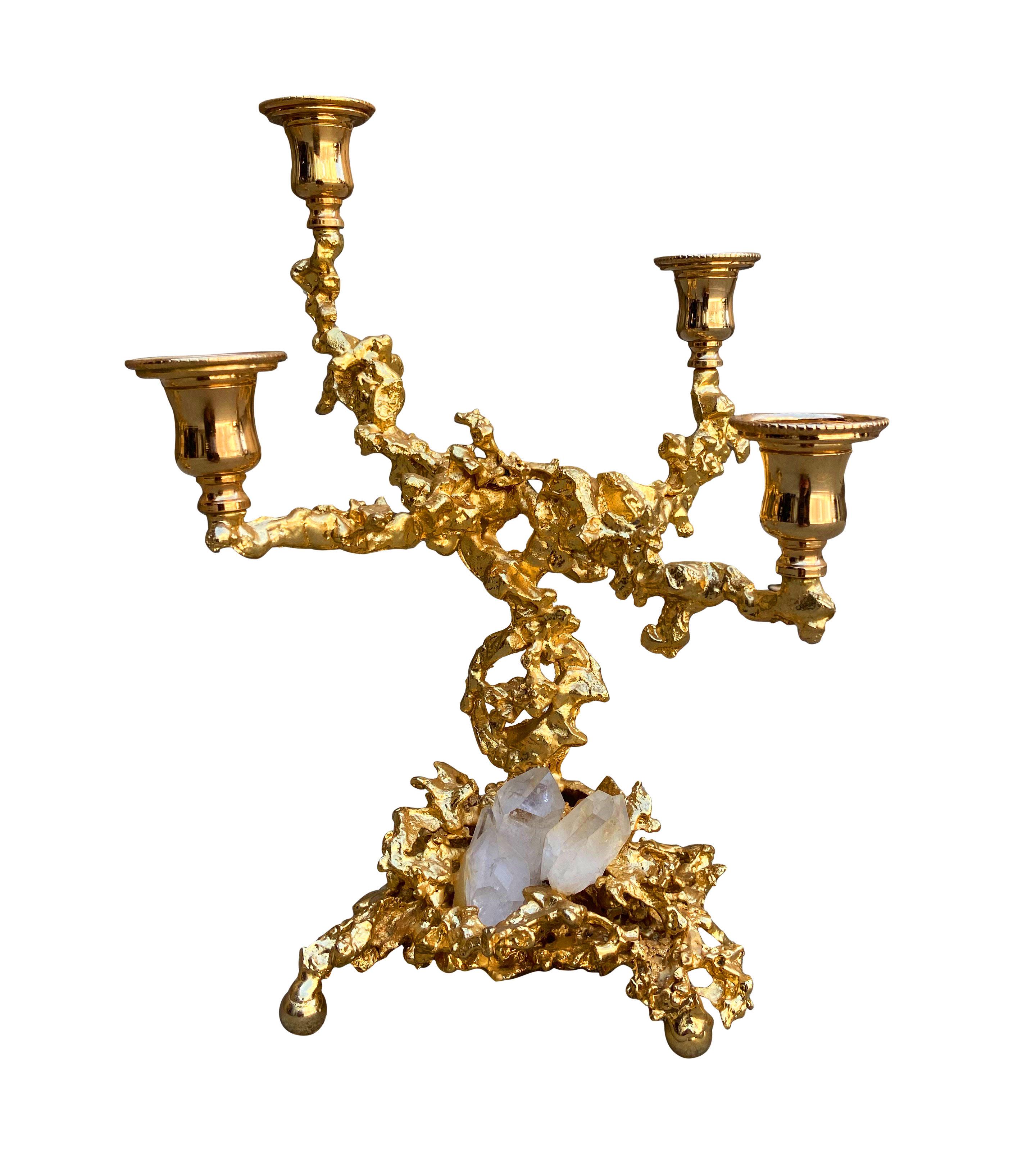 Hollywood Regency Claude Boeltz Pair of 24-Karat Gold Plated Bronze Quadruple Candlesticks, France