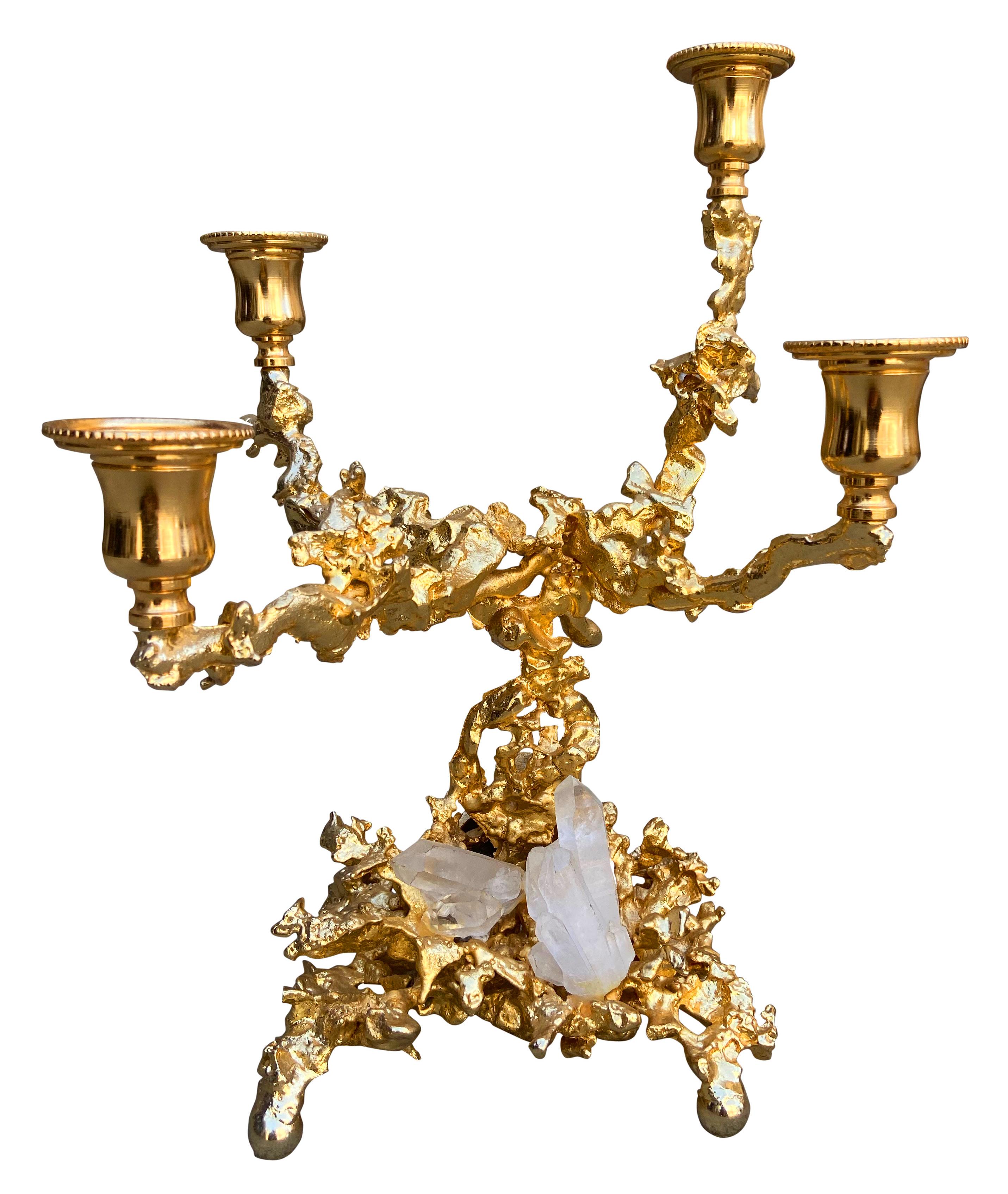 French Claude Boeltz Pair of 24-Karat Gold Plated Bronze Quadruple Candlesticks, France