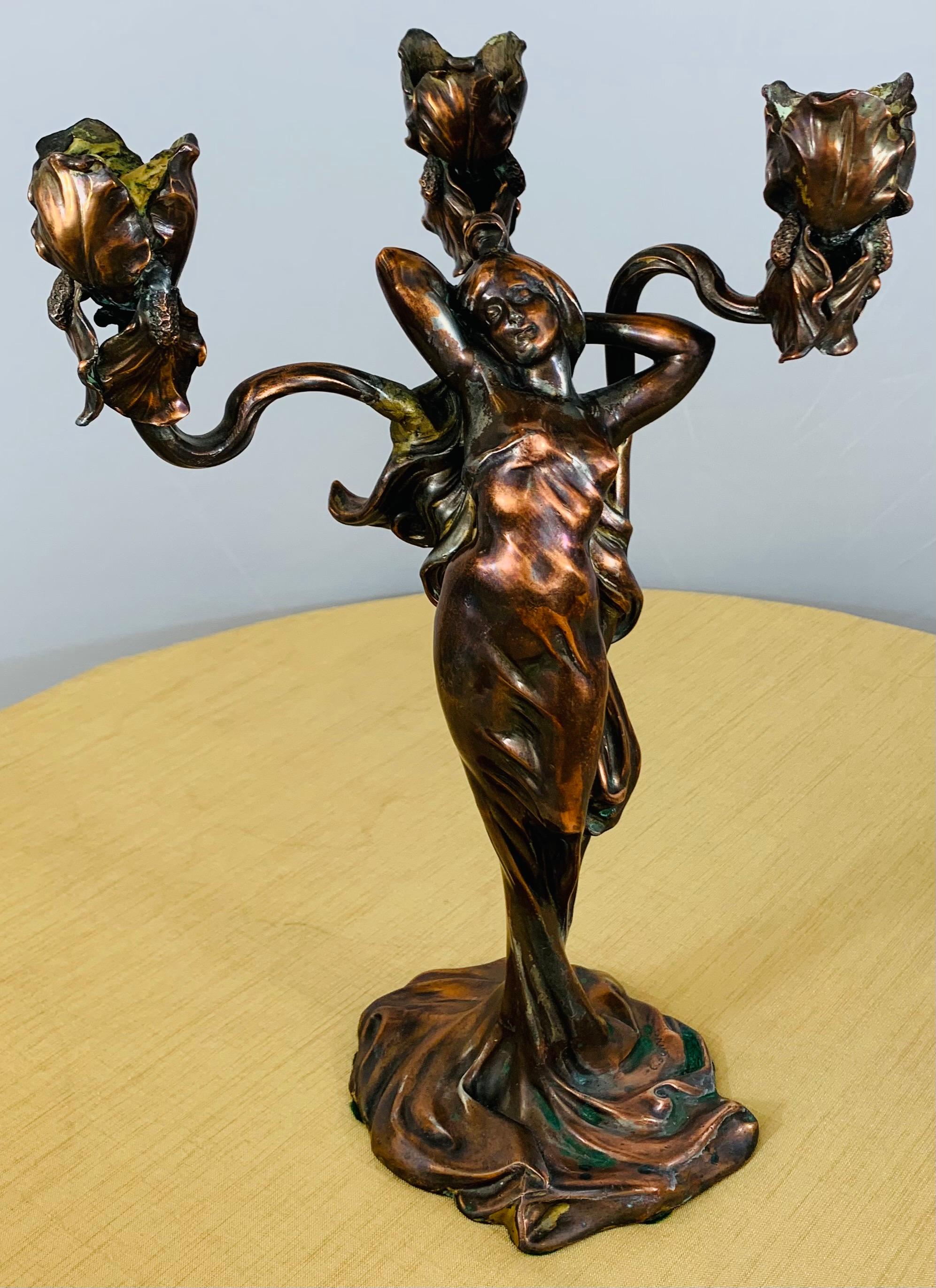 French Claude Bonnefond Art Nouveau Woman Candlestick or Statue, a Pair For Sale