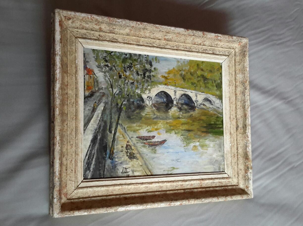 Charming 1940's Claude Bouteur landscape Oil on a wood panel painting in a Post Impressionist style representing the banks of Seine River and the Pont Marie Bridge, a lovely composition Parisian in the 1940