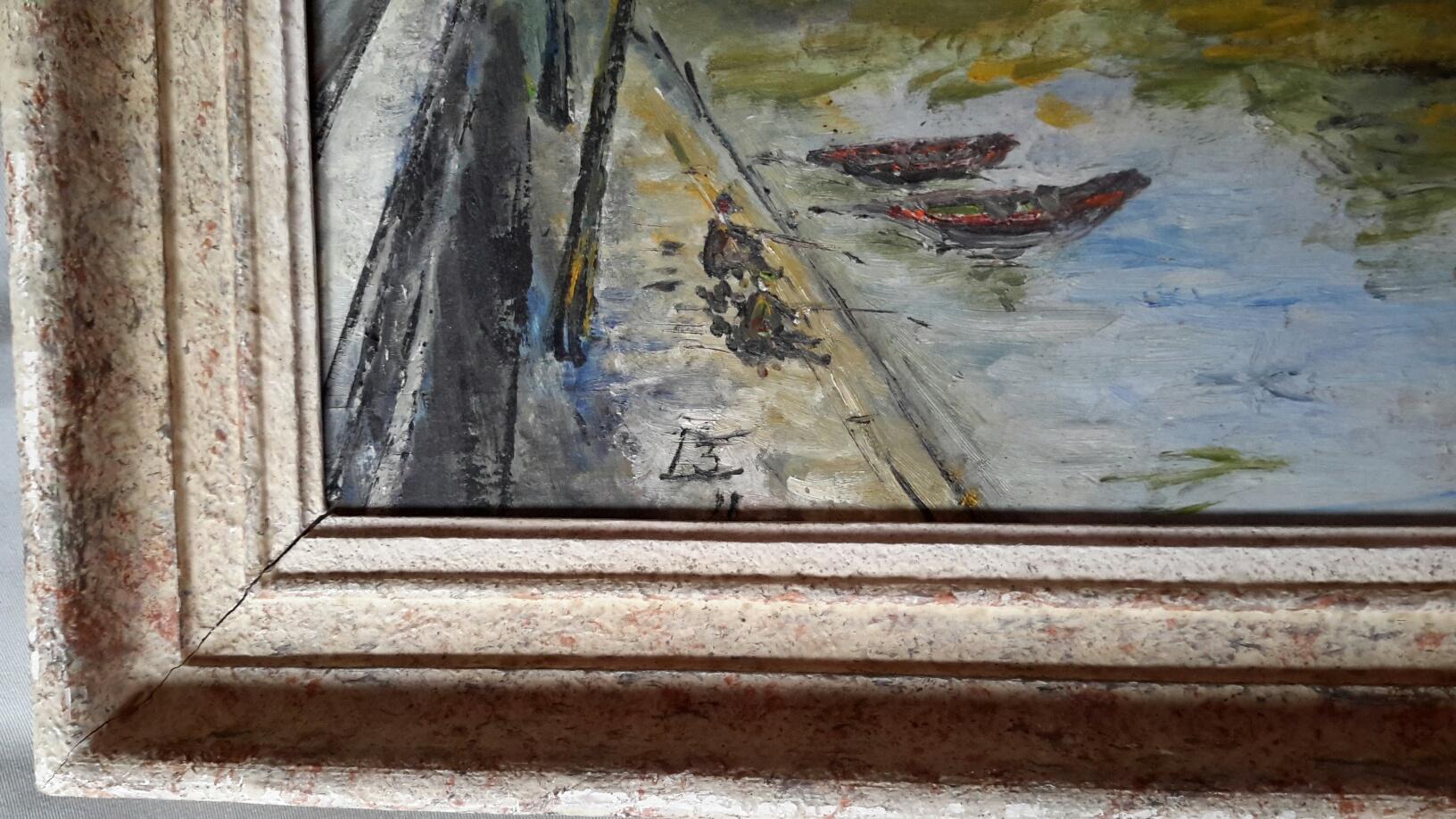 Charming 1940's Claude Bouteur landscape Oil on a wood panel painting in a Post Impressionist style representing the banks of Seine River and the Pont Marie Bridge, a lovely composition Parisian in the 1940