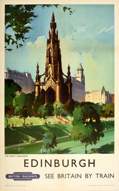 Original-Vintage-Poster, Edinburgh, Britische Eisenbahnen, Zug, Reise, Schottisches Monument