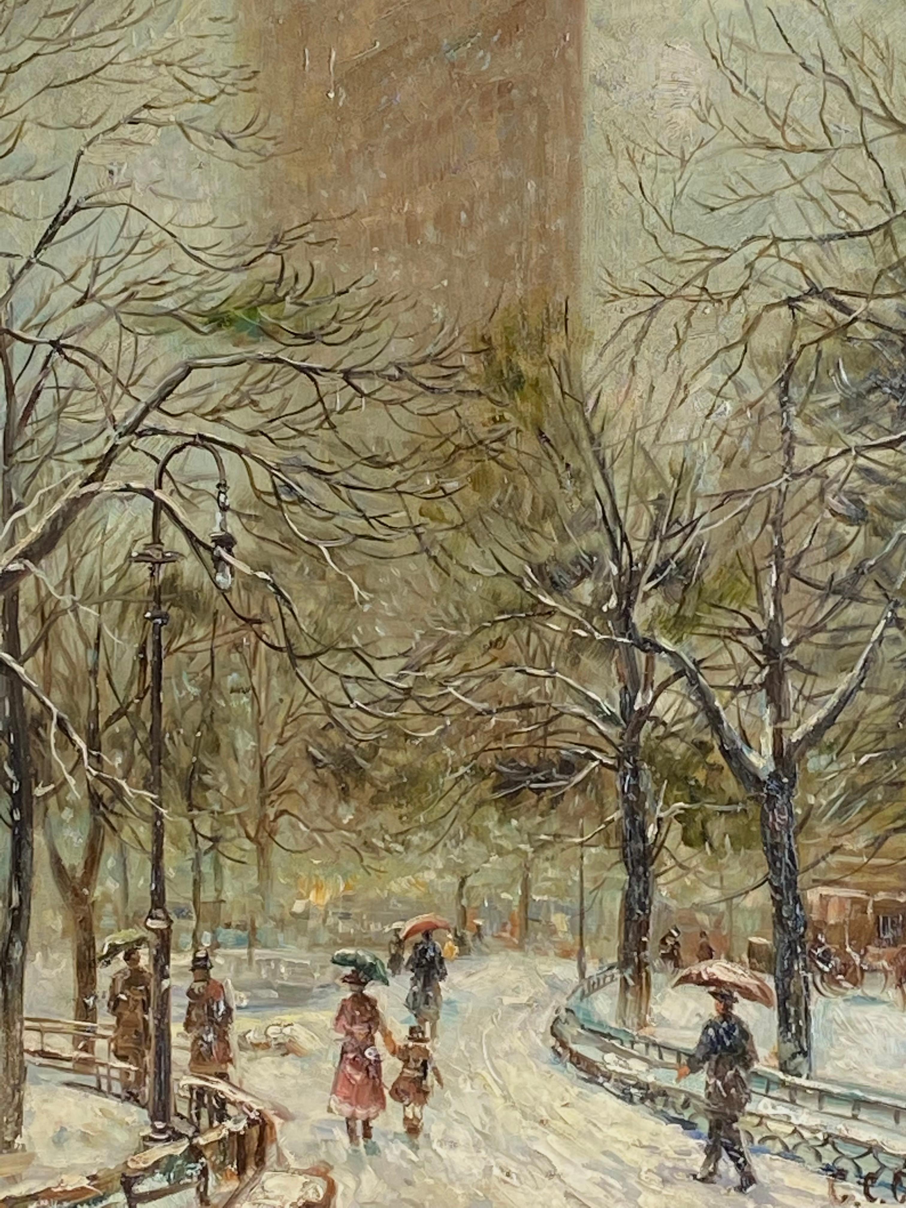 Oil on wooden panel painting of the iconic Flatiron building in New York City by the British artist Claude Cahill Cooper. Signed lower right.  Condition is excellent.  Circa 1975. The painting is housed in its original ornate gold leaf frame. 