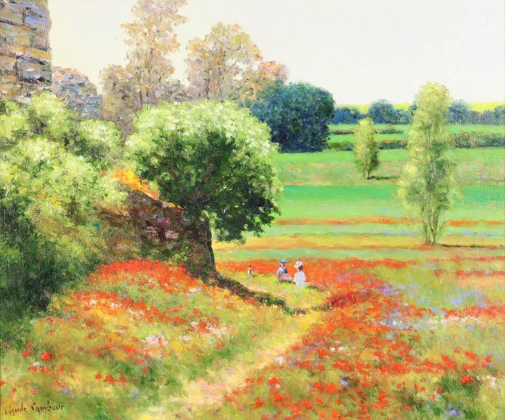 ANTOINE CAMBOUR. Il campo di papaveri vicino a Giverny, olio su tela, firmato in basso a sinistra - Painting di Claude Cambour