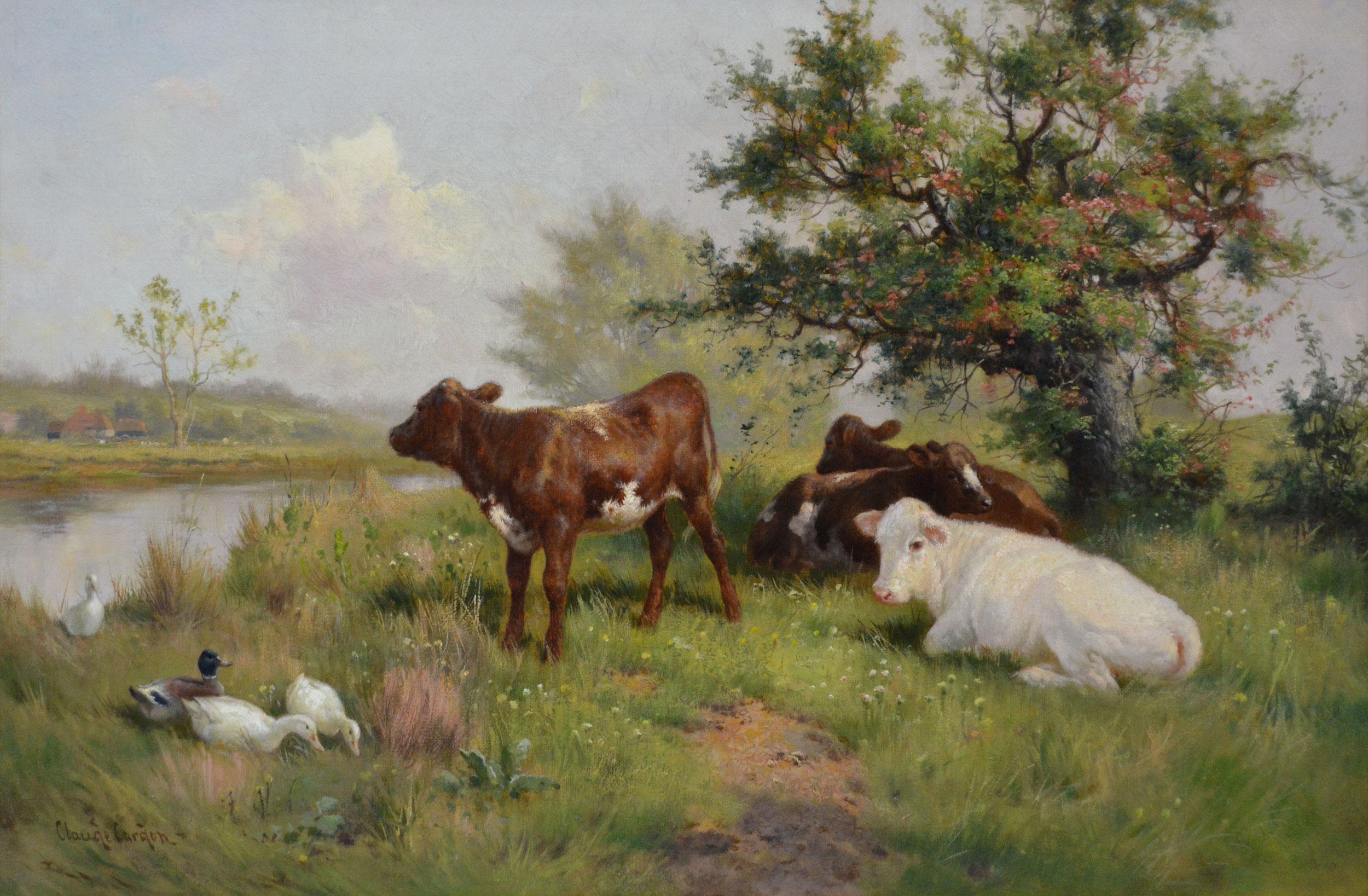 19th Century animal oil painting of calves & ducks at a river - Painting by Claude Cardon