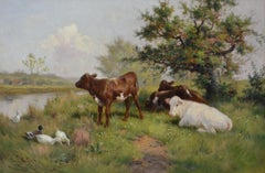 Dipinto a olio su animali del XIX secolo con vitelli e anatre al fiume