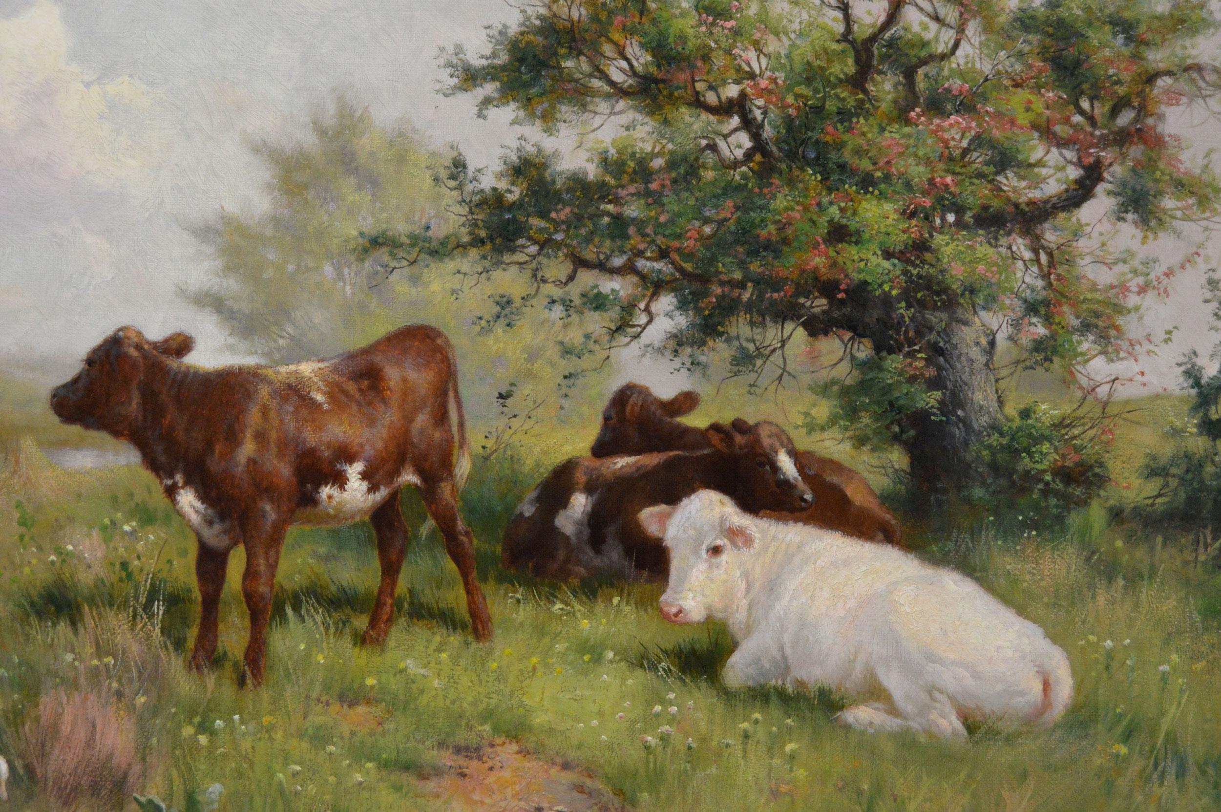 19th Century animal oil painting of calves & ducks at a river - Victorian Painting by Claude Cardon