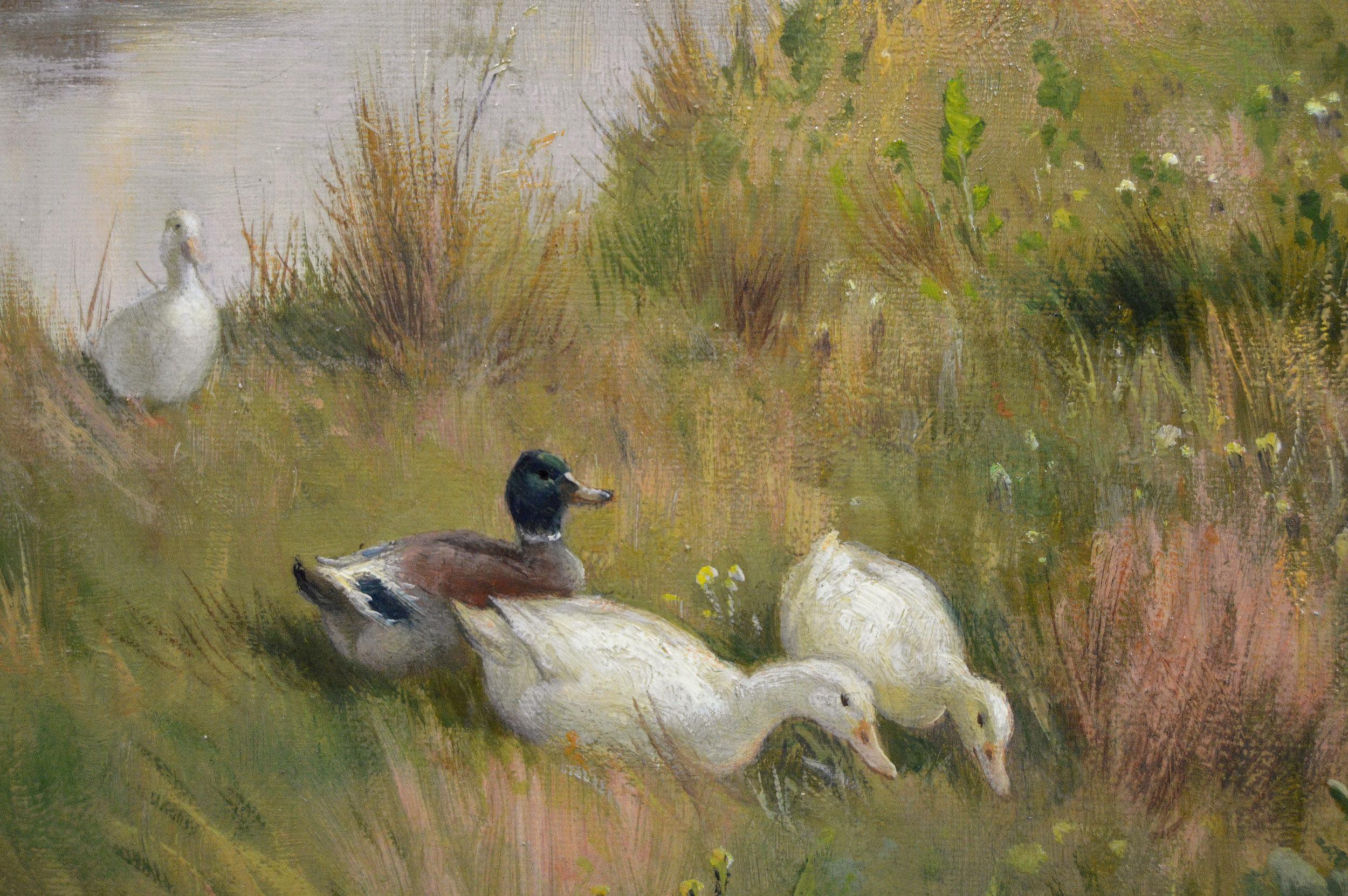 19th Century animal oil painting of calves & ducks at a river - Brown Landscape Painting by Claude Cardon