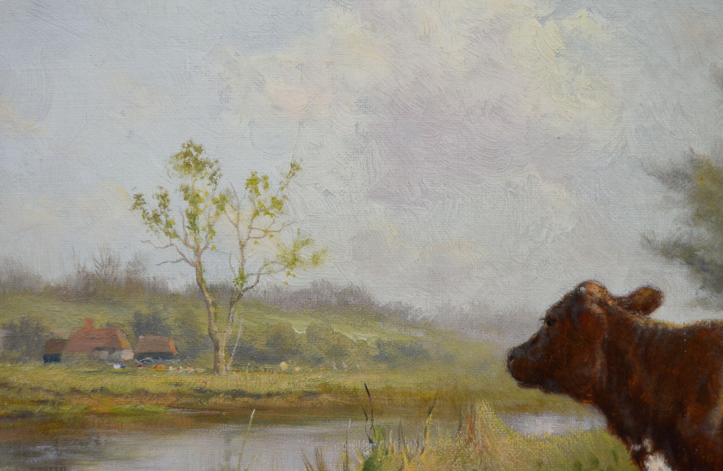 Claude Cardon
British, (1864-1937)
Farm Friends
Oil on canvas, signed
Image size: 13.5 inches x 20.5 inches 
Size including frame: 19.25 inches x 26.25 inches

A tranquil scene of calves and ducks at a river by Claude Cardon. A small herd of calves