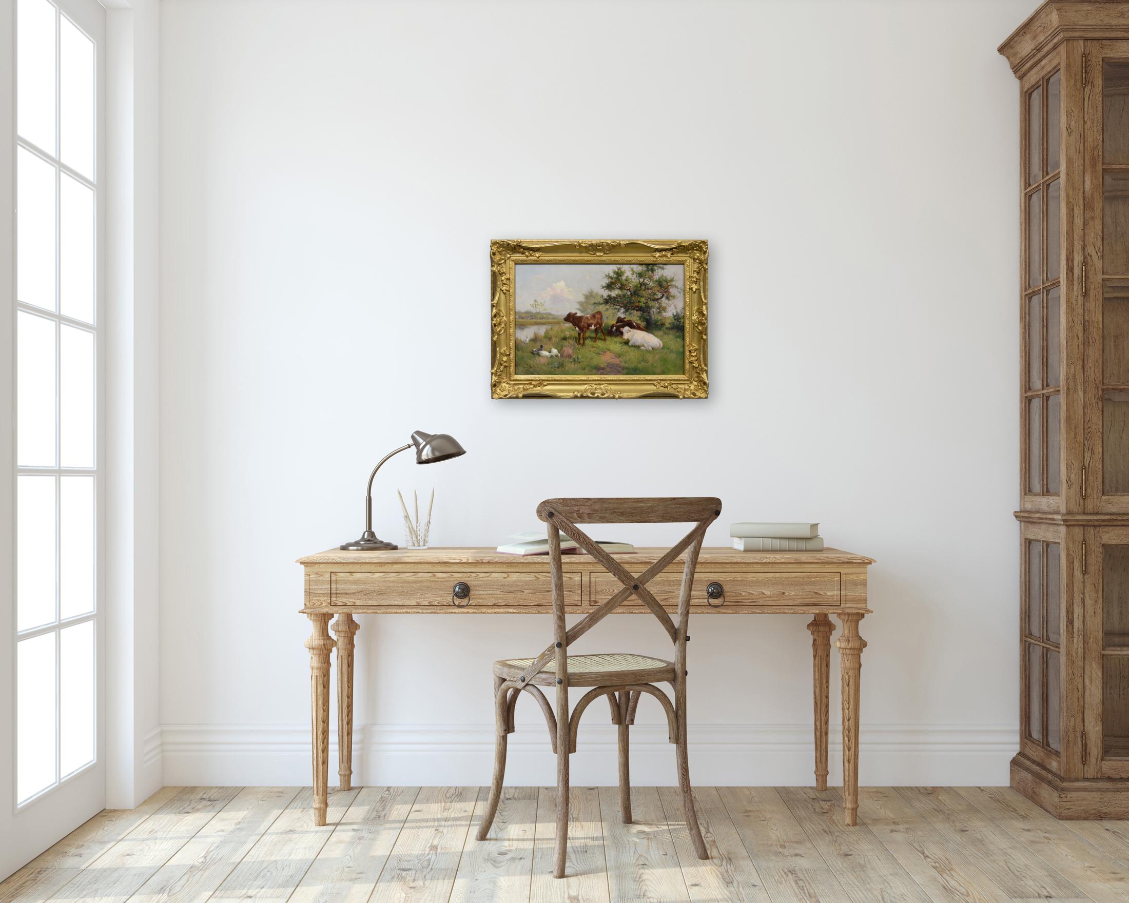 19th Century animal oil painting of calves & ducks at a river For Sale 2