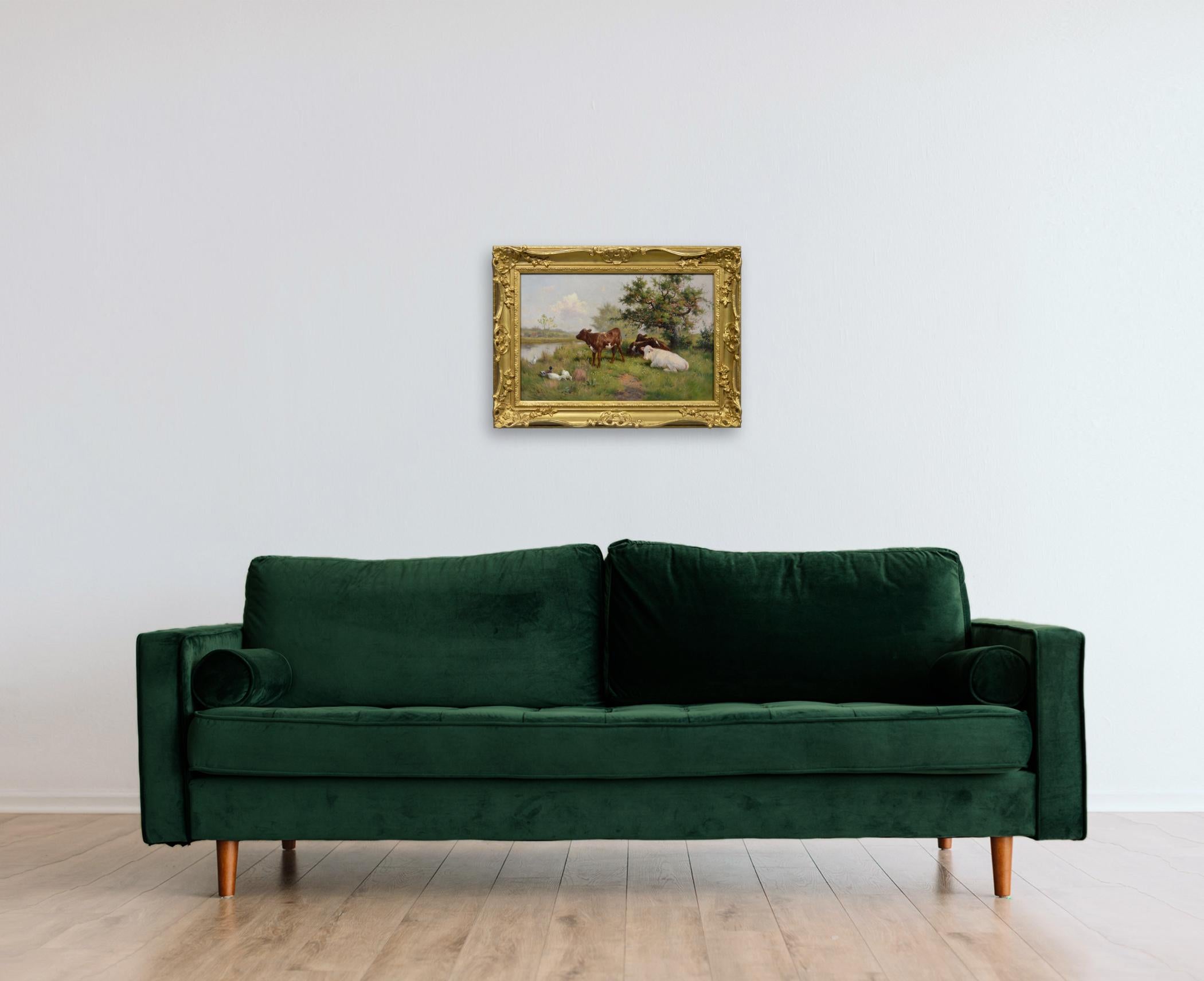 19th Century animal oil painting of calves & ducks at a river For Sale 3