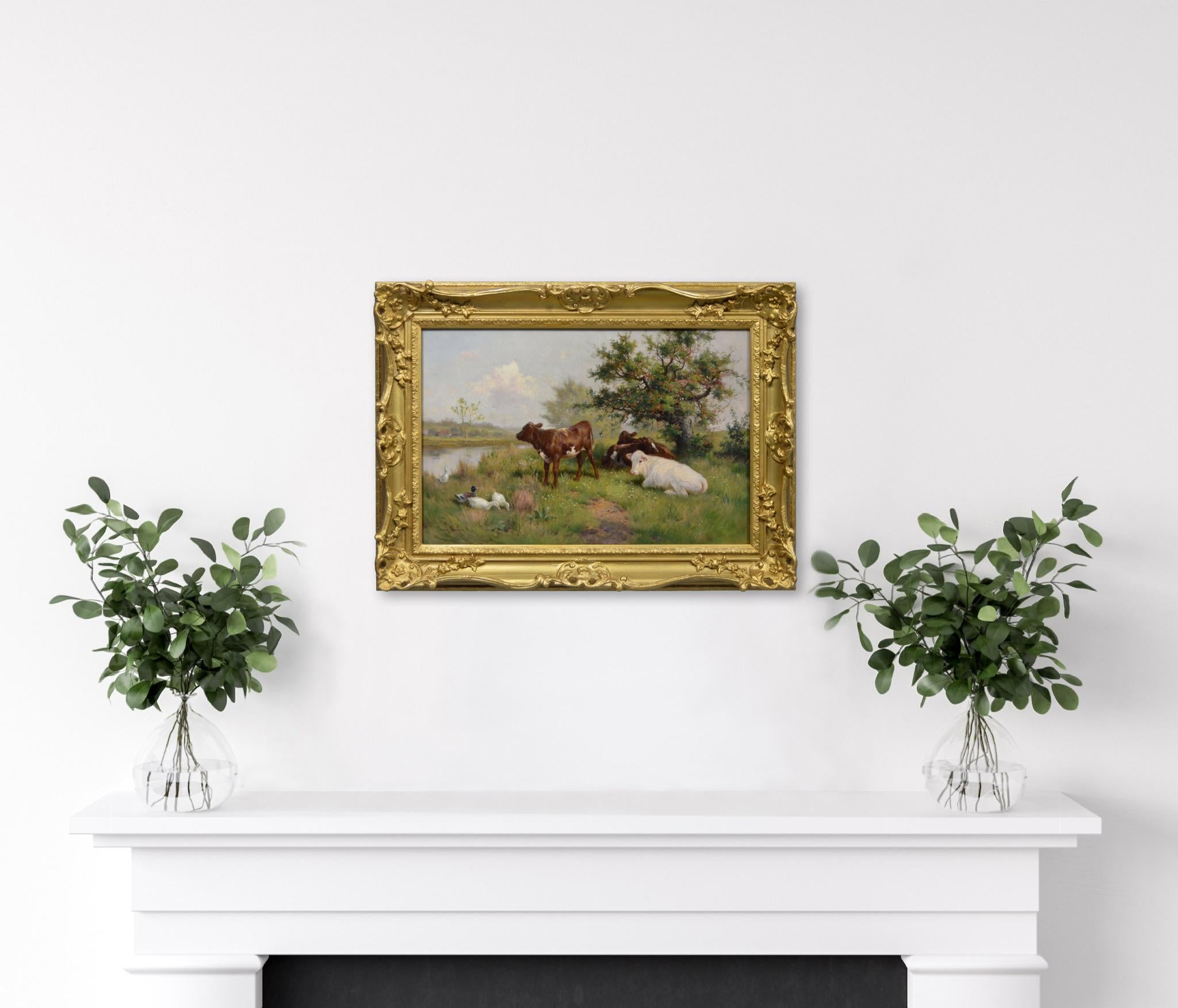 19th Century animal oil painting of calves & ducks at a river For Sale 4