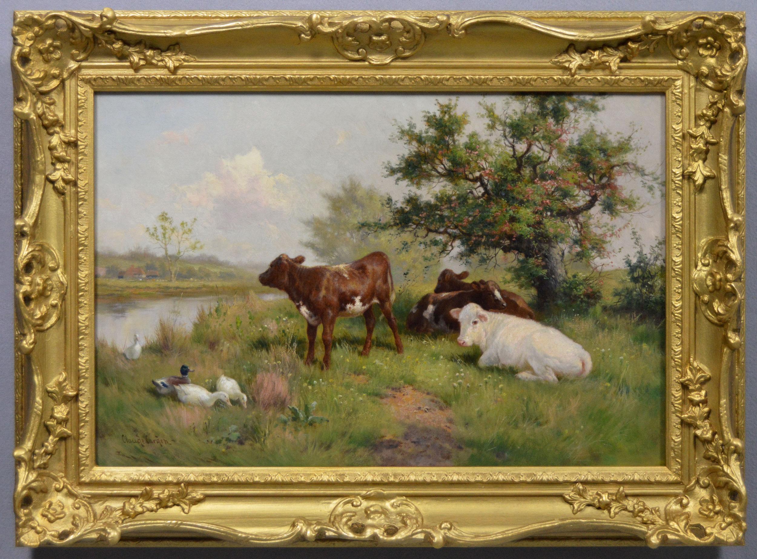 Claude Cardon Landscape Painting - 19th Century animal oil painting of calves & ducks at a river