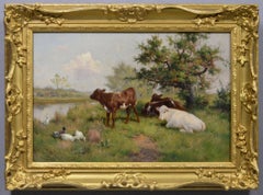 Óleo animal del siglo XIX de terneros y patos en un río