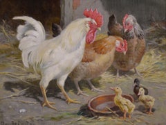 19th Century animal oil painting of hens, cockerel & chicks