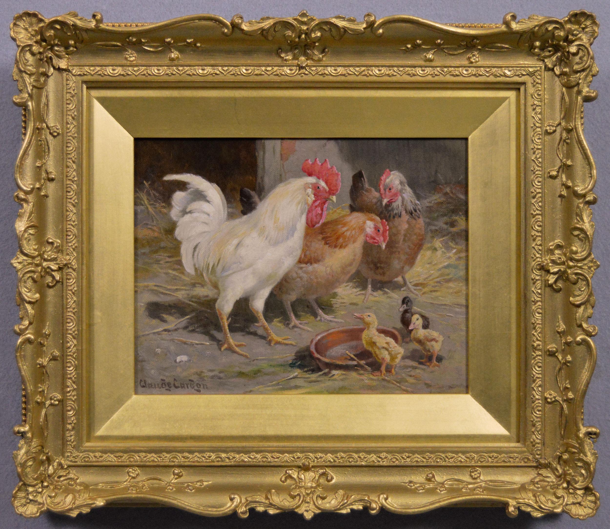19th Century animal oil painting of hens, cockerel 
chicks