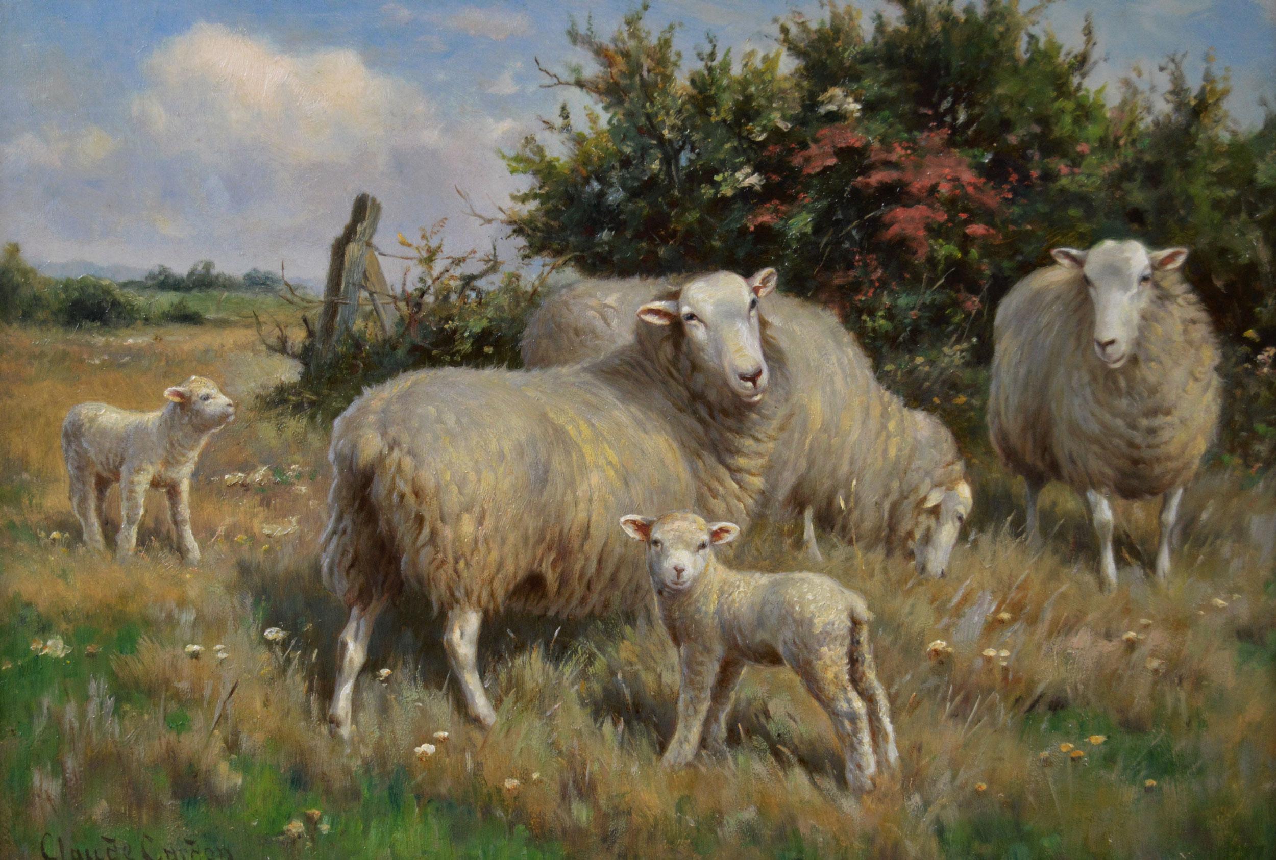 19th Century landscape animal oil painting of sheep with lambs - Painting by Claude Cardon