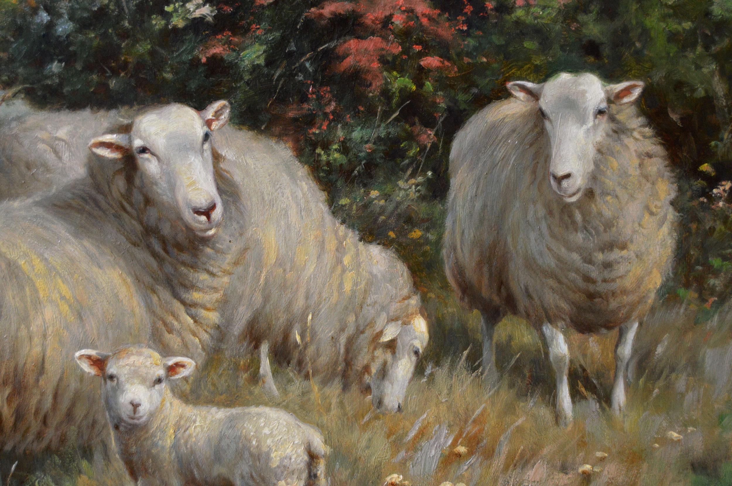 Peinture à l'huile du 19e siècle représentant des animaux de lapins et des agneaux - Victorien Painting par Claude Cardon