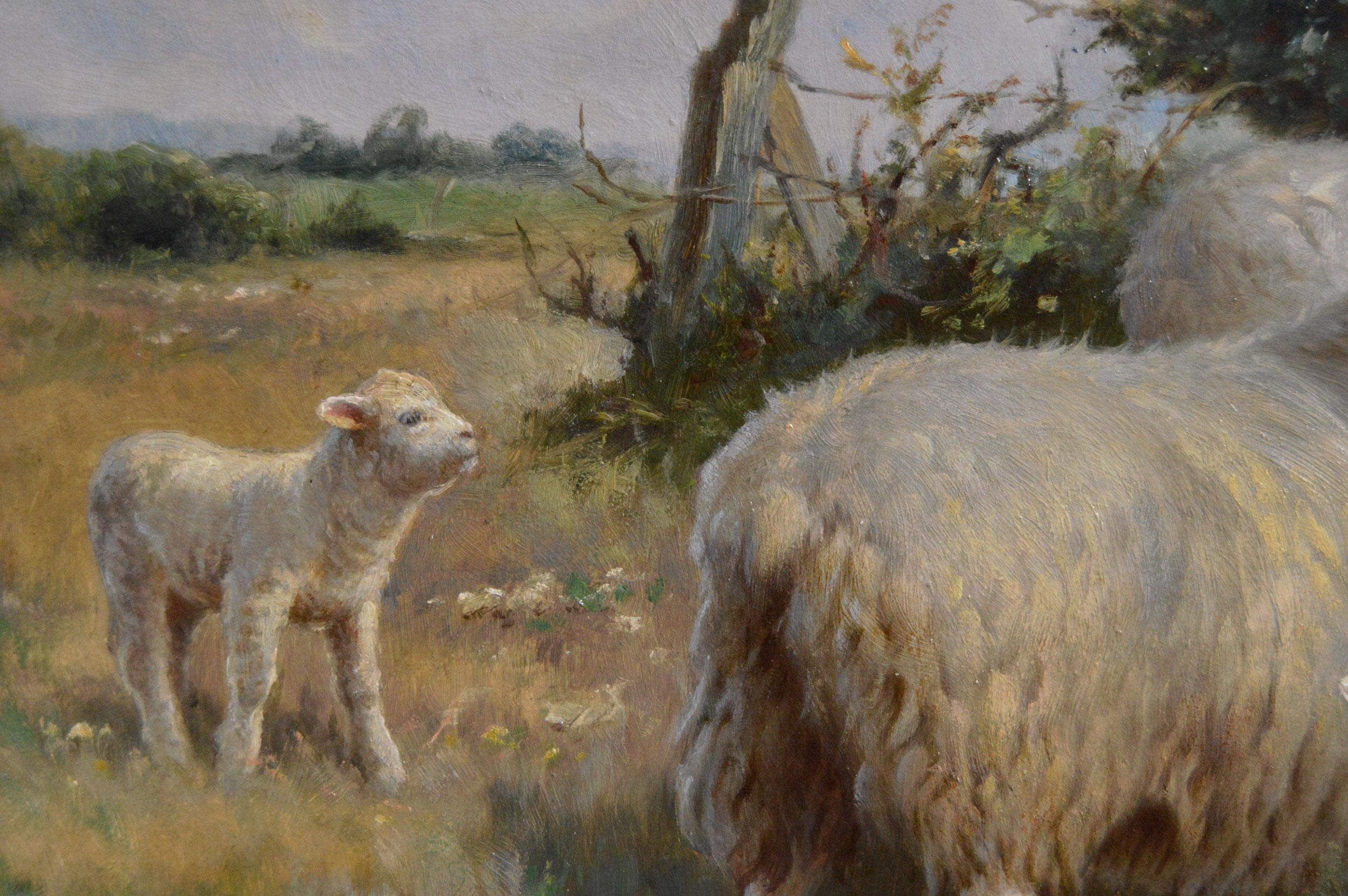 Peinture à l'huile du 19e siècle représentant des animaux de lapins et des agneaux - Marron Animal Painting par Claude Cardon