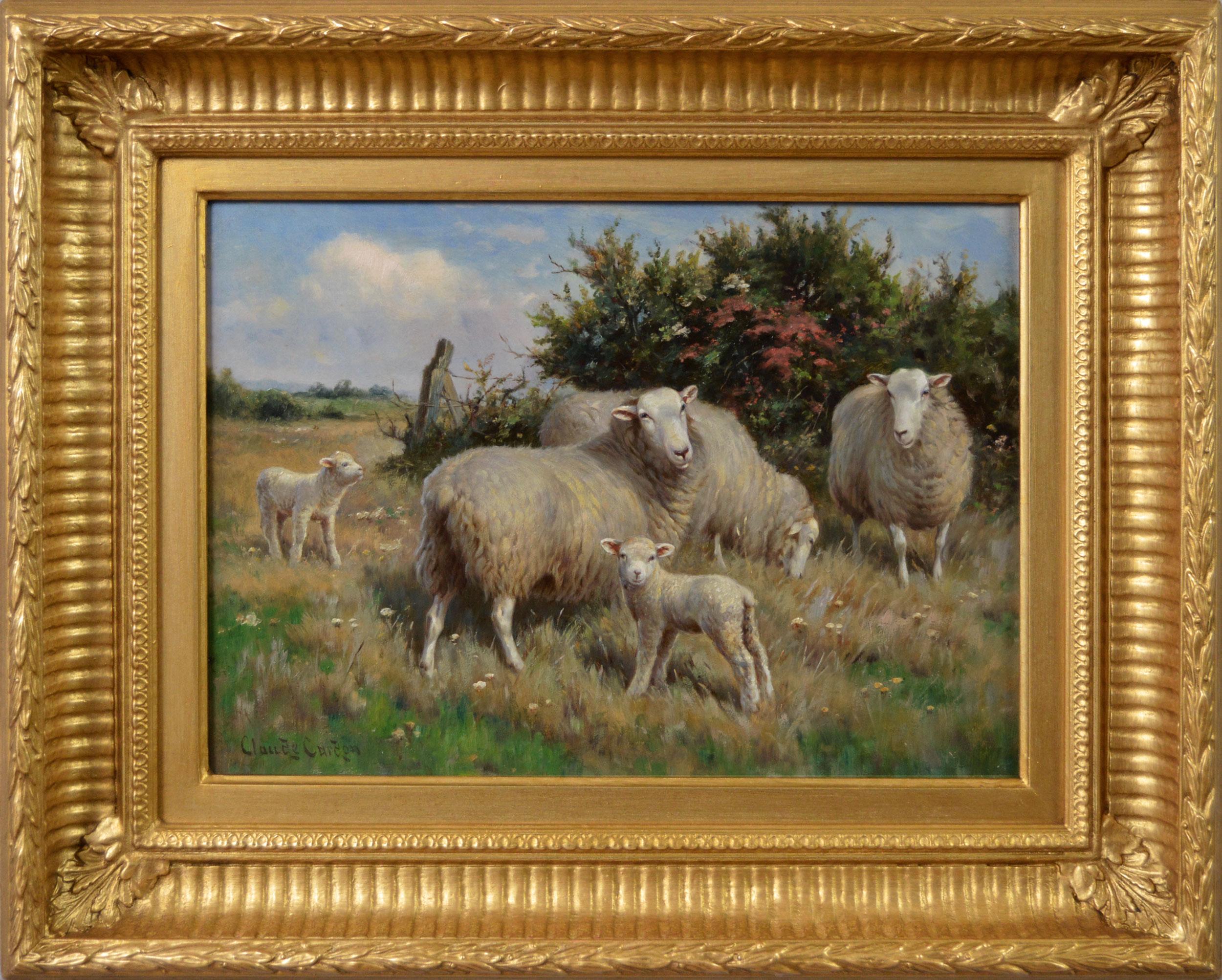 19th Century landscape animal oil painting of sheep with lambs