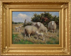 Vintage 19th Century landscape animal oil painting of sheep with lambs